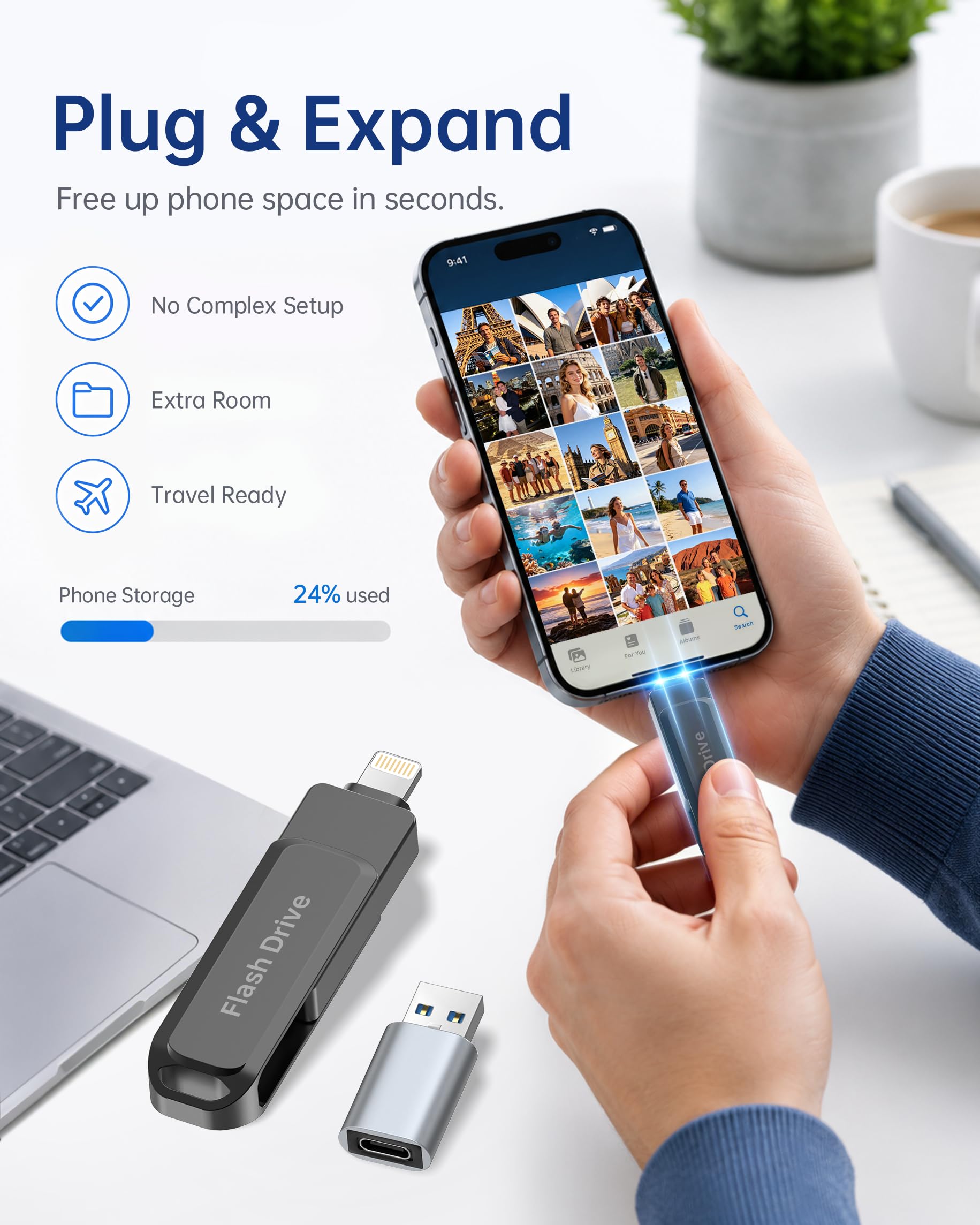 Unidad USB de 512 GB con certificación MFI (negro) - Compatible con iPhone, iPad, Android y PC, unidad flash portátil 3 en 1, memoria USB para almacenamiento de datos con ~ 484 GB de espacio