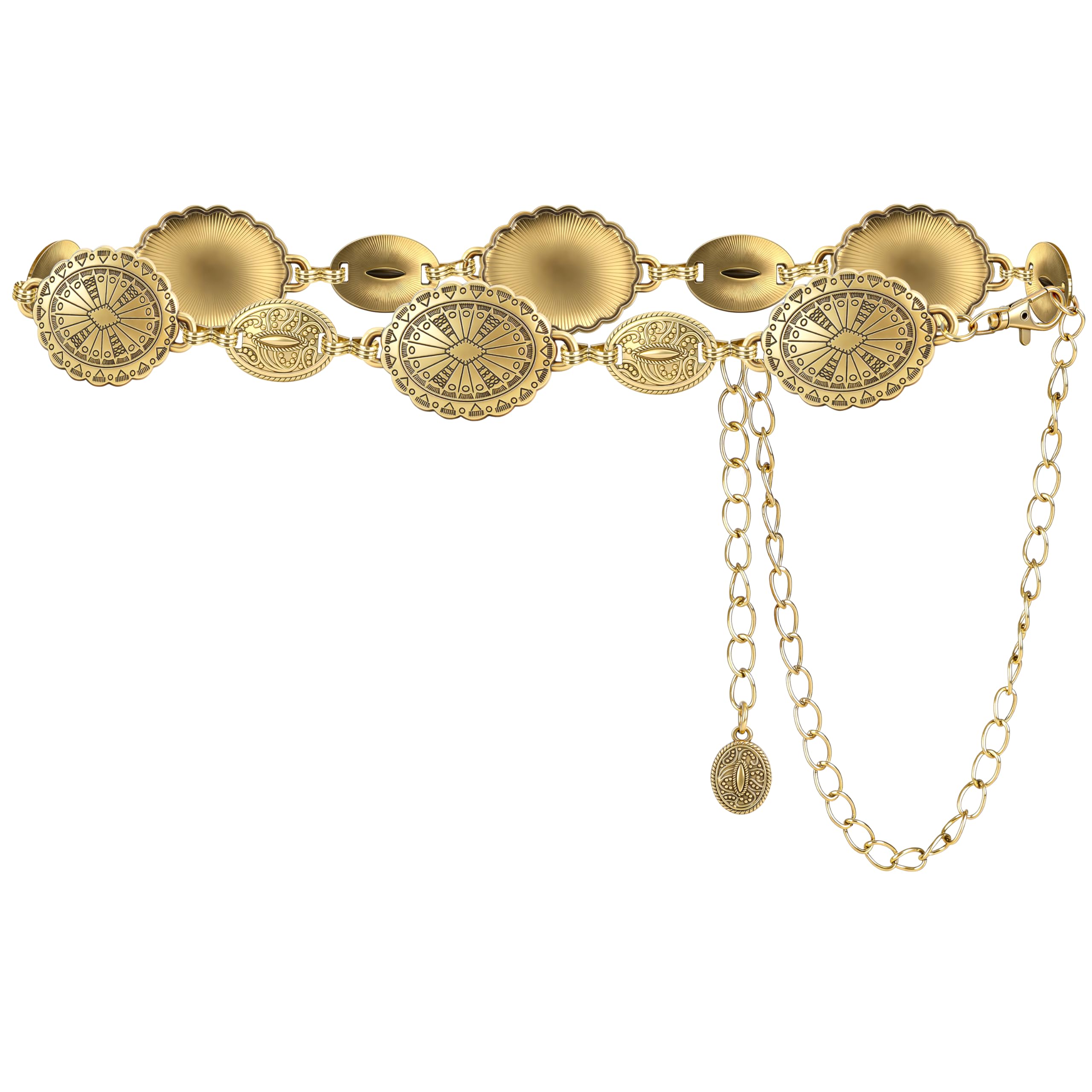 Western Concho Chain Belt for Women - Gold Cowgirl Belt with Sculptural Details for Dresses Jeans Country Concerts