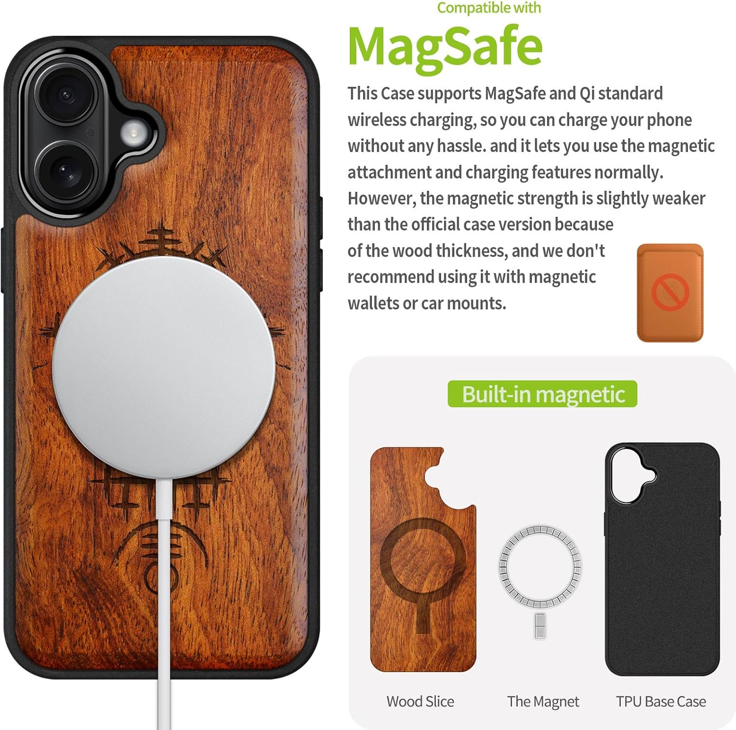 Carveit Magnetic Wooden Case for iPhone 17 Case, Wood Artisan Engraved & Black Soft TPU Shockproof Cover, Compatible with MagSafe Wireless Chargers (Viking Symbols) Rosy