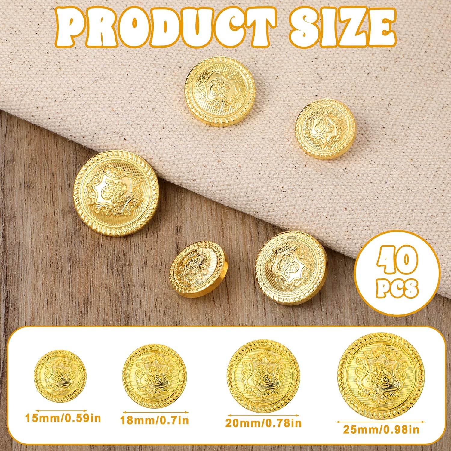40 Pcs Golden Buttons for Blazer Sewing Buttons Gold Button Set, Vintage Decorative Shank Button for Dress Coat Jacket Jeans Uniform Suits Craft (15/18/21/25mm) - Image 2