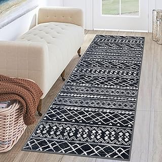 KUTA Marokkanischer waschbarer Flur-Läufer, rutschfest, Vintage, schwarz, Boho-Teppich, Küchenläufer, ultraweich, Used-Look, geometrischer Bodenteppich für Schlafzimmer, Waschküche, Wohnzimmer