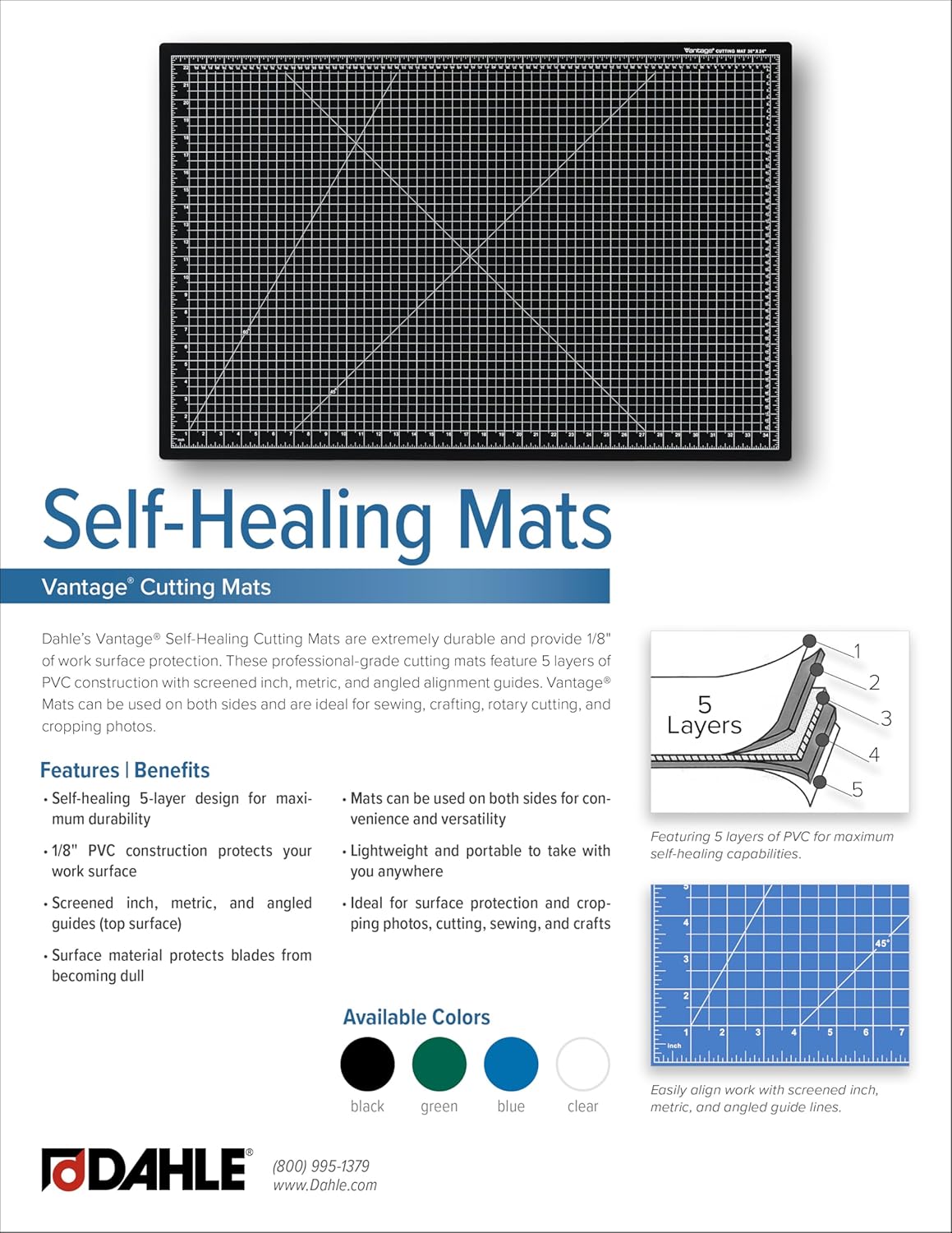 Dahle Vantage 10792 Double-Sided Premium Self-Healing Cutting Mat, 18"x24", 1/2" Grid, 5 Layers for Max Healing, Perfect for Crafts & Sewing, Black