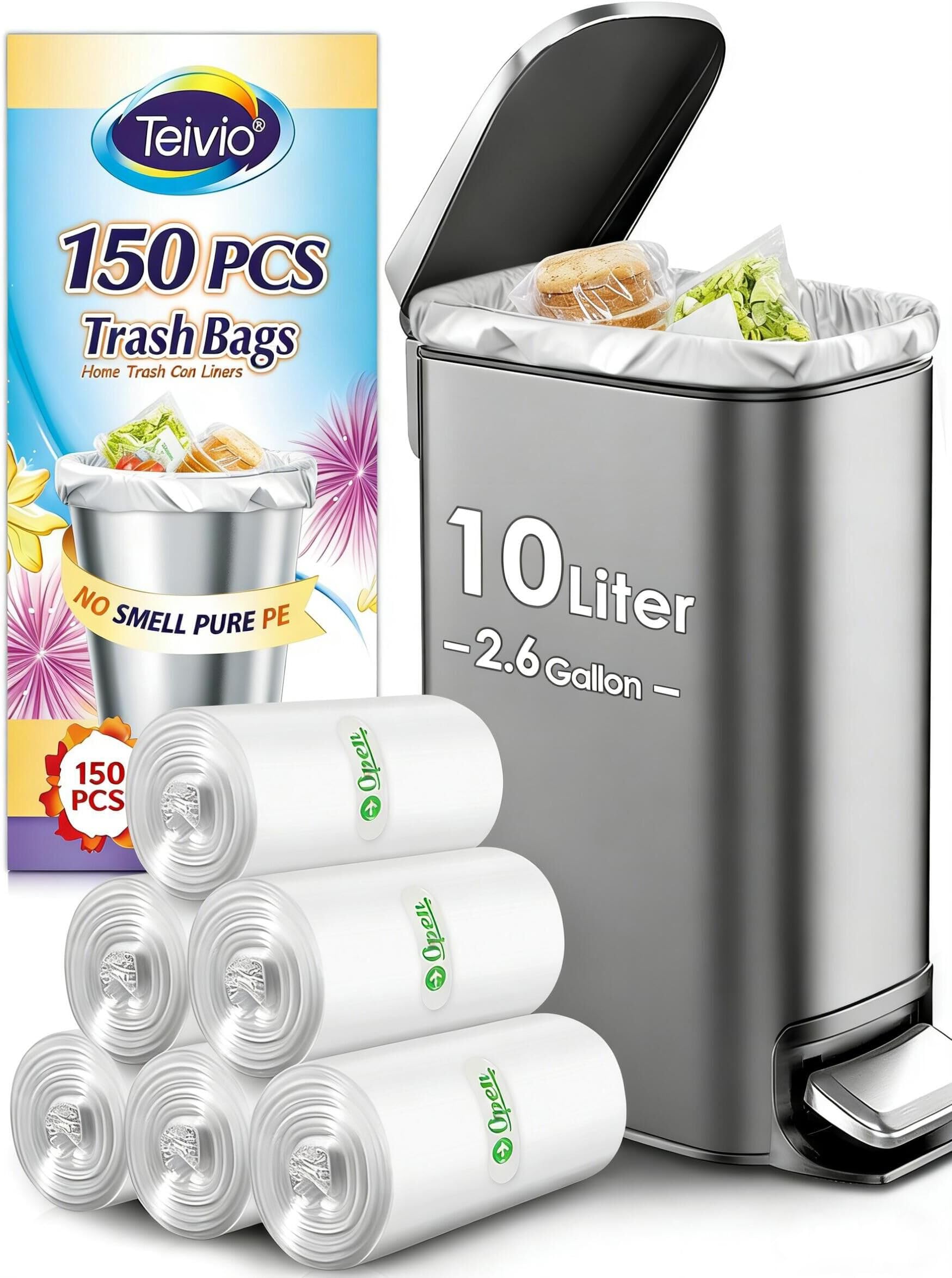 2.6 Gallon 150 Counts Small Trash Bags Garbage Bags by Teivio, Bathroom Trash Can Bin Liners, Small Plastic Bags for home office kitchen, Clear