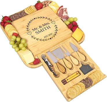 Personalized Bamboo Cheese Board Gift Set with Cheese Knives, Custom Engraved Charcuterie Board for Wedding, Anniversary, Housewarming & Couples Gift