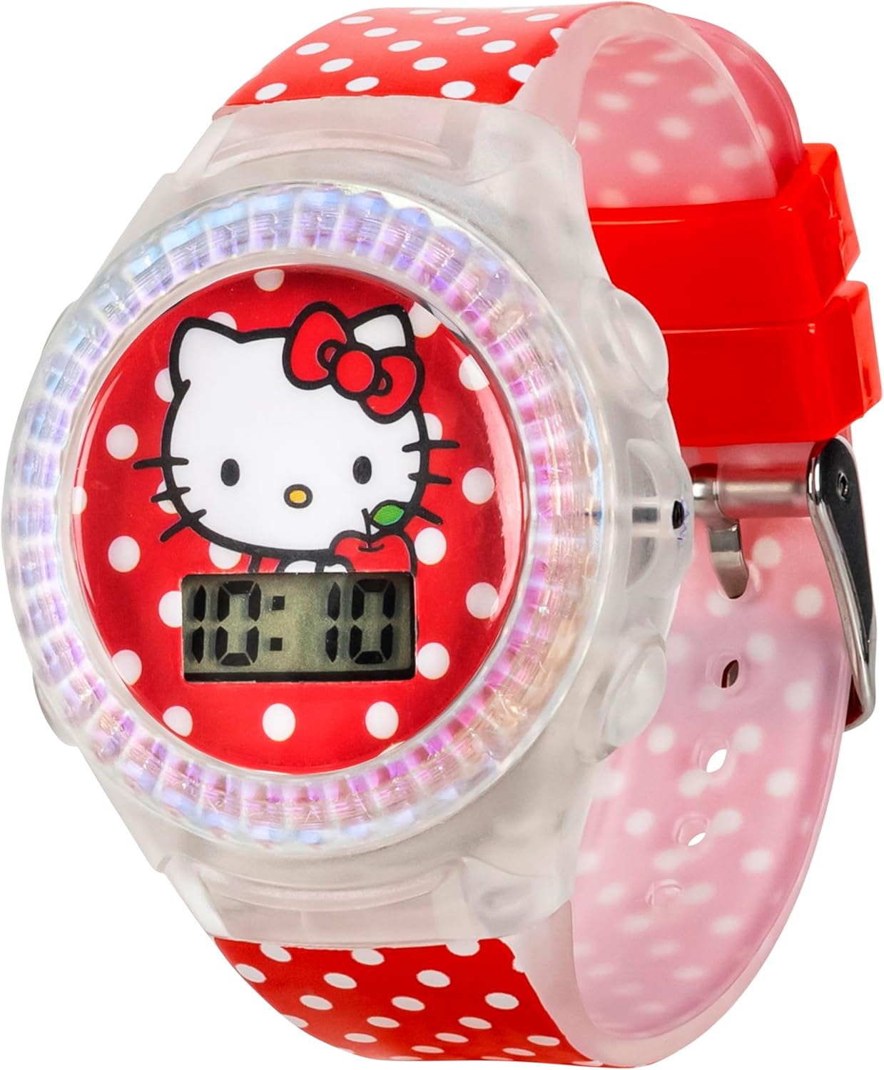 Sanrio Hello Kitty Kids LCD Watch – Red Polka Dot Strap, Iridescent Bezel, Digital Display, Cute Printed Dial, Adjustable Fit, Collectible Tin Box, Perfect for Girls – Fits Wrists 5.5” to 8” - Image 7