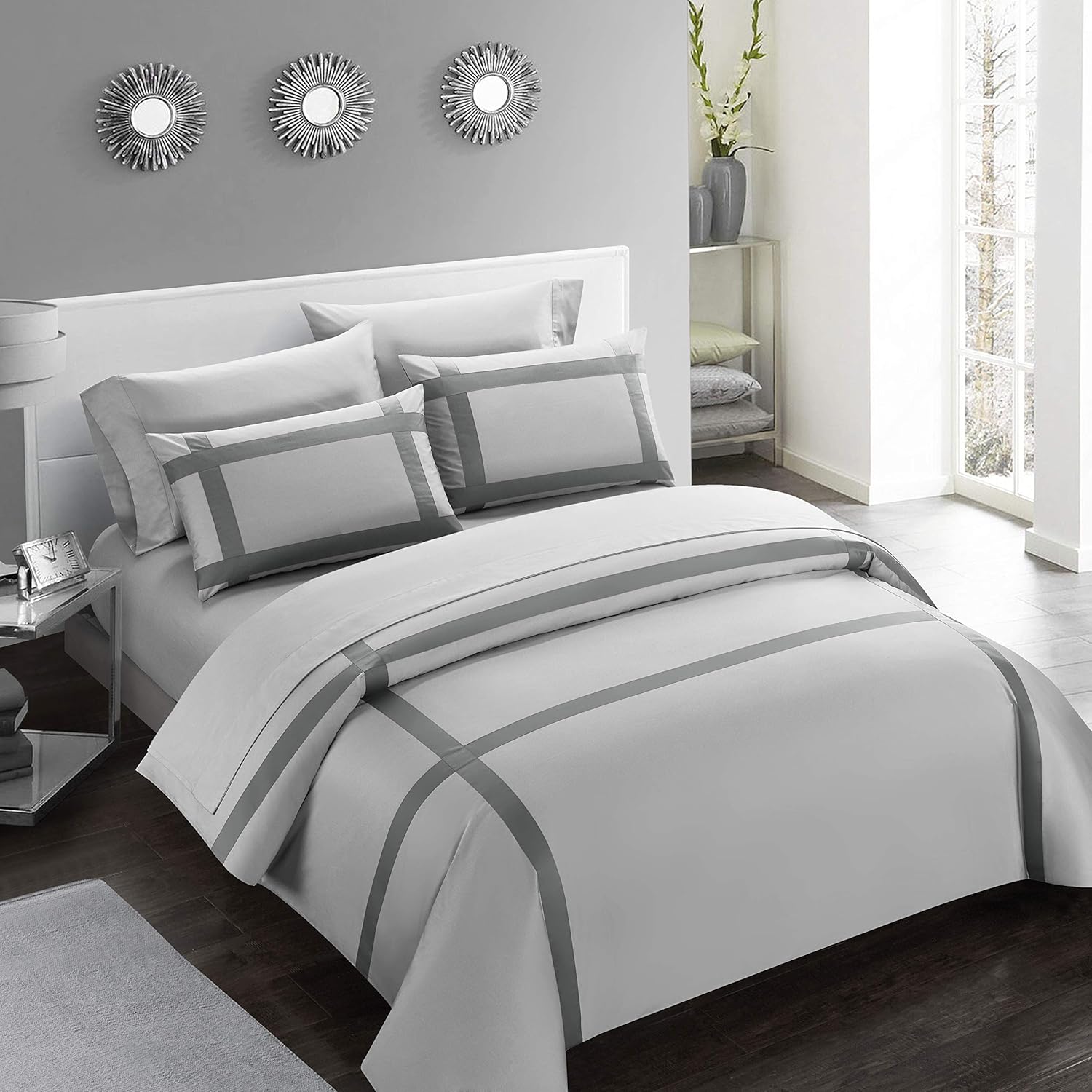 Casabolaj Equilibrio Duvet Covers Set Queen Size 3 Pieces Do Not Include Filling Casual Modern Minimalist Siver and Grey Color 100% Egyptian Cotton Sateen Luxury 400 TC Cross Patchwork Manufacturing
