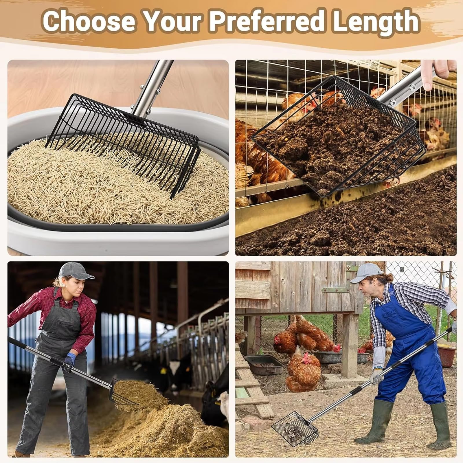 Pala para excrementos de gallinero para gallinero, resistente, mango telescópico, 57 – 106 cm, colador de metal duradero para la cría de aves, eliminación eficiente de excrementos de pollo y basura