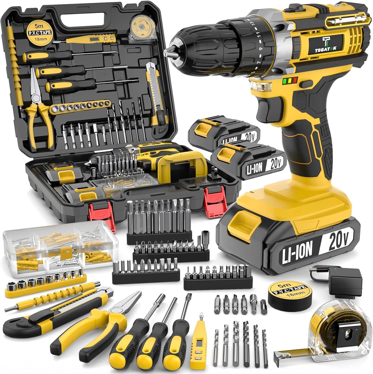 Yellow Cordless Impact Drill Set With Built-in LED Light, Including Battery And Fast Charger, Suitable For Home Renovation, Woodworking, Furniture Assembly, And Metal Drilling