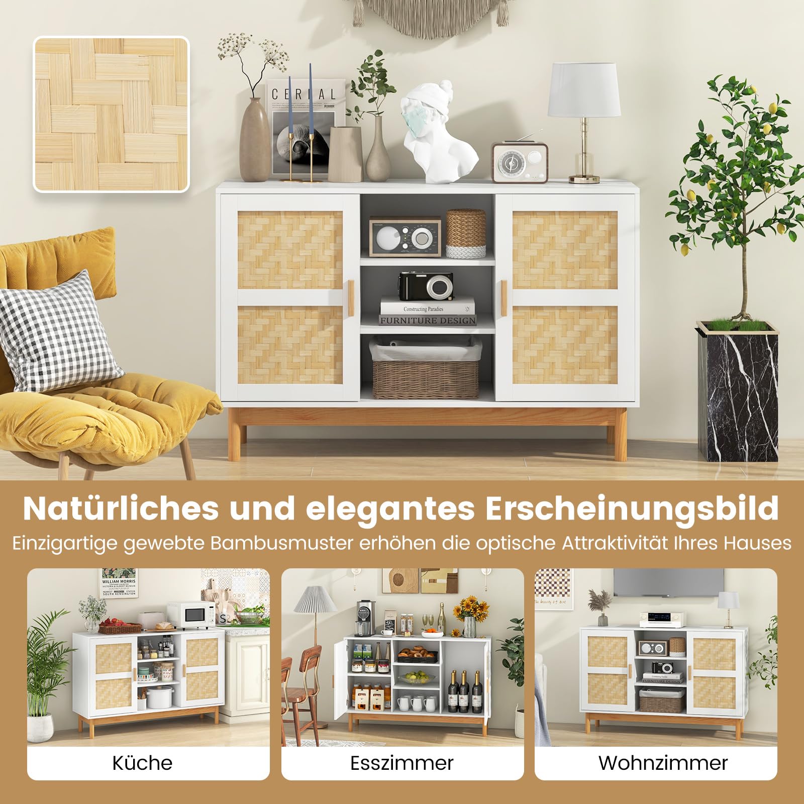 COSTWAY Szafka bufetowa i kredens kuchenny, 120 x 35 x 78 cm, biała i naturalna, 2 drzwi bambusowe, 3 otwarte półki