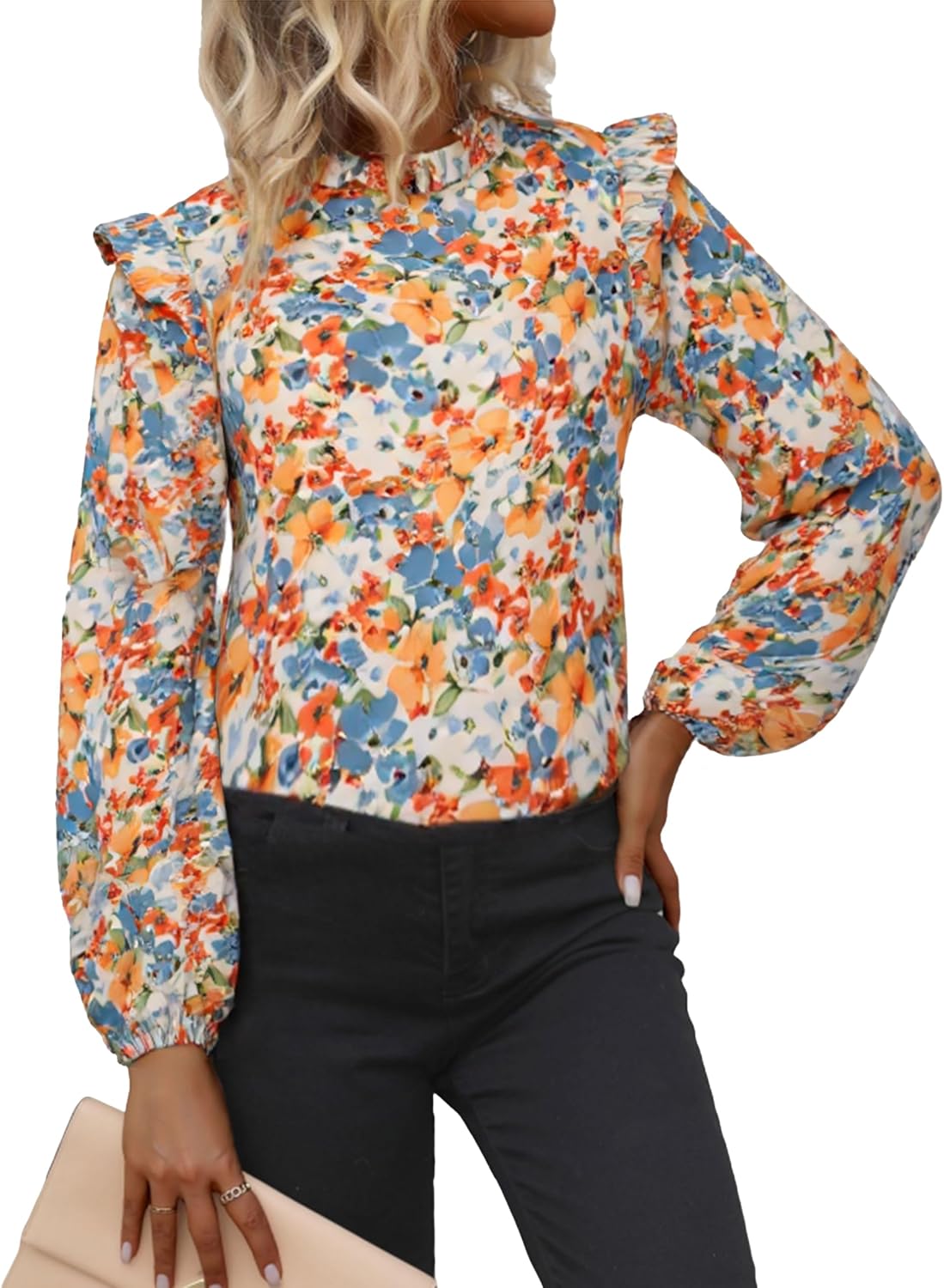 Simplee Womens Floral Boho Tops Trendy Ruffle Long Sleeve Blouses Fall Dressy Mock Neck Loose Casual Work Shirts