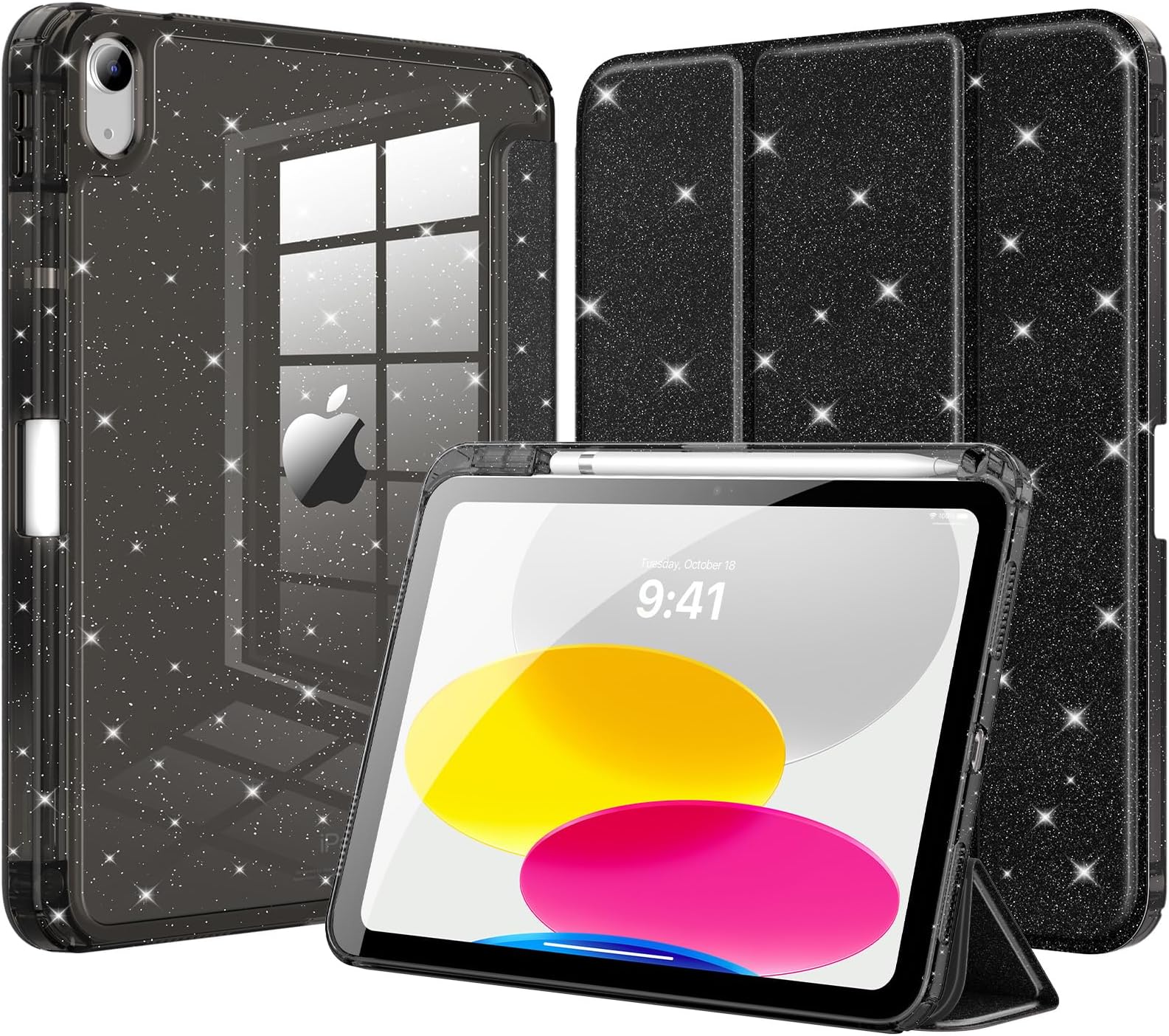 MoKo Slim Case for iPad (A16) 11th Generation 11 Inch 2025, iPad 10th Generation 2022 10.9 Inch, Glitter Smart Soft Cover with Pencil Holder, Sparkly Clear Back Shell, Auto Wake/Sleep, Glitter Black