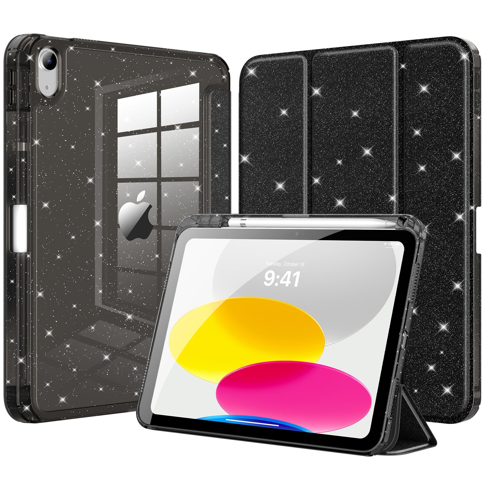MoKo Schutzhülle für iPad (A16) 11. Generation 2025/10. Generation 2022, glitzernde iPad 11/11 Zoll Hülle mit Stifthalter, schmaler Ständer, Glitzer-Abdeckung mit glänzender, klarer Rückseite