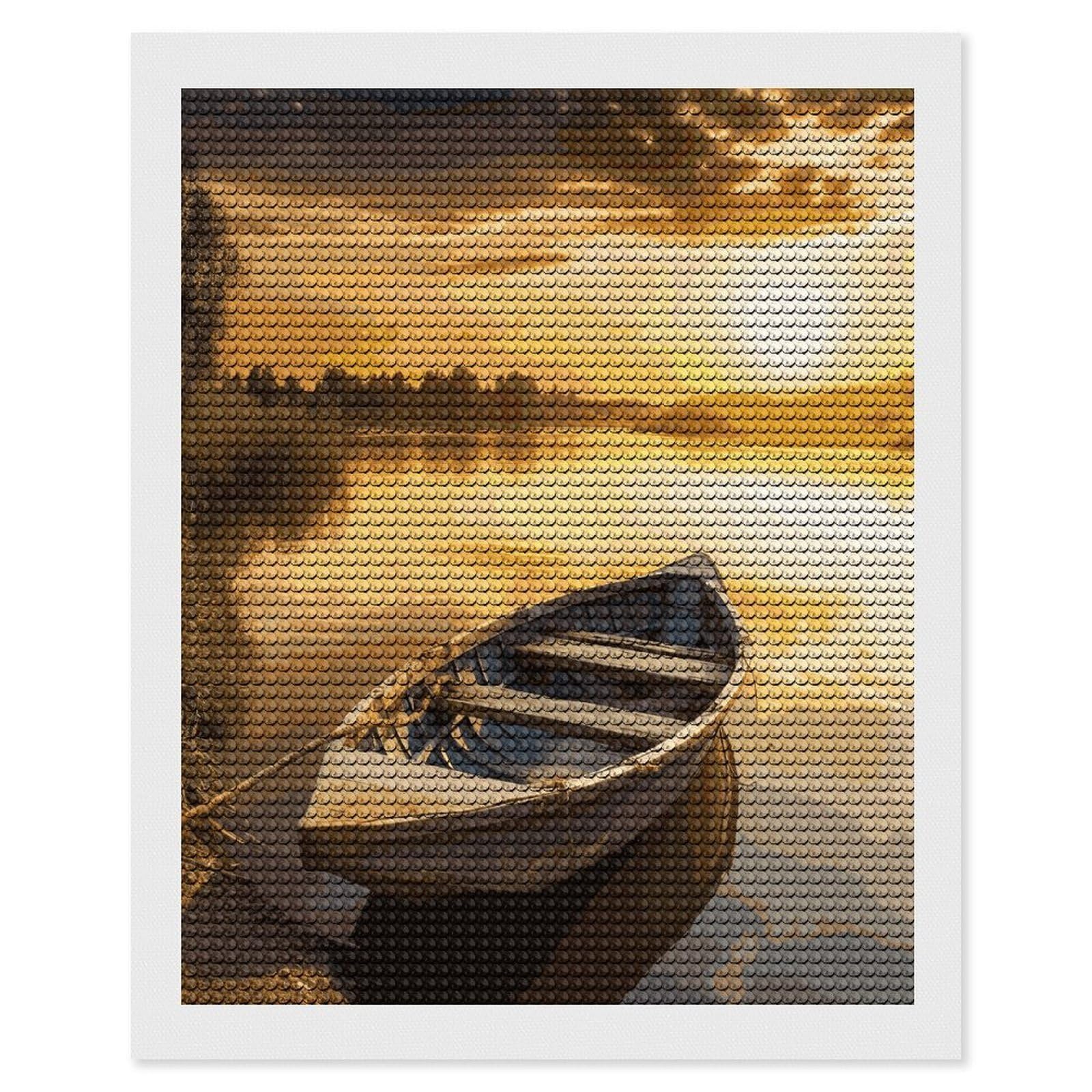 LDGSUPH River Sunset Wooden Boat Diamond Painting Kits for Adults Paint with Diamond Pictures Art DIY Full Drill Diamond Dots Painting Personalized Diamond Photo for Home Wall Decor Gift 16"x20"