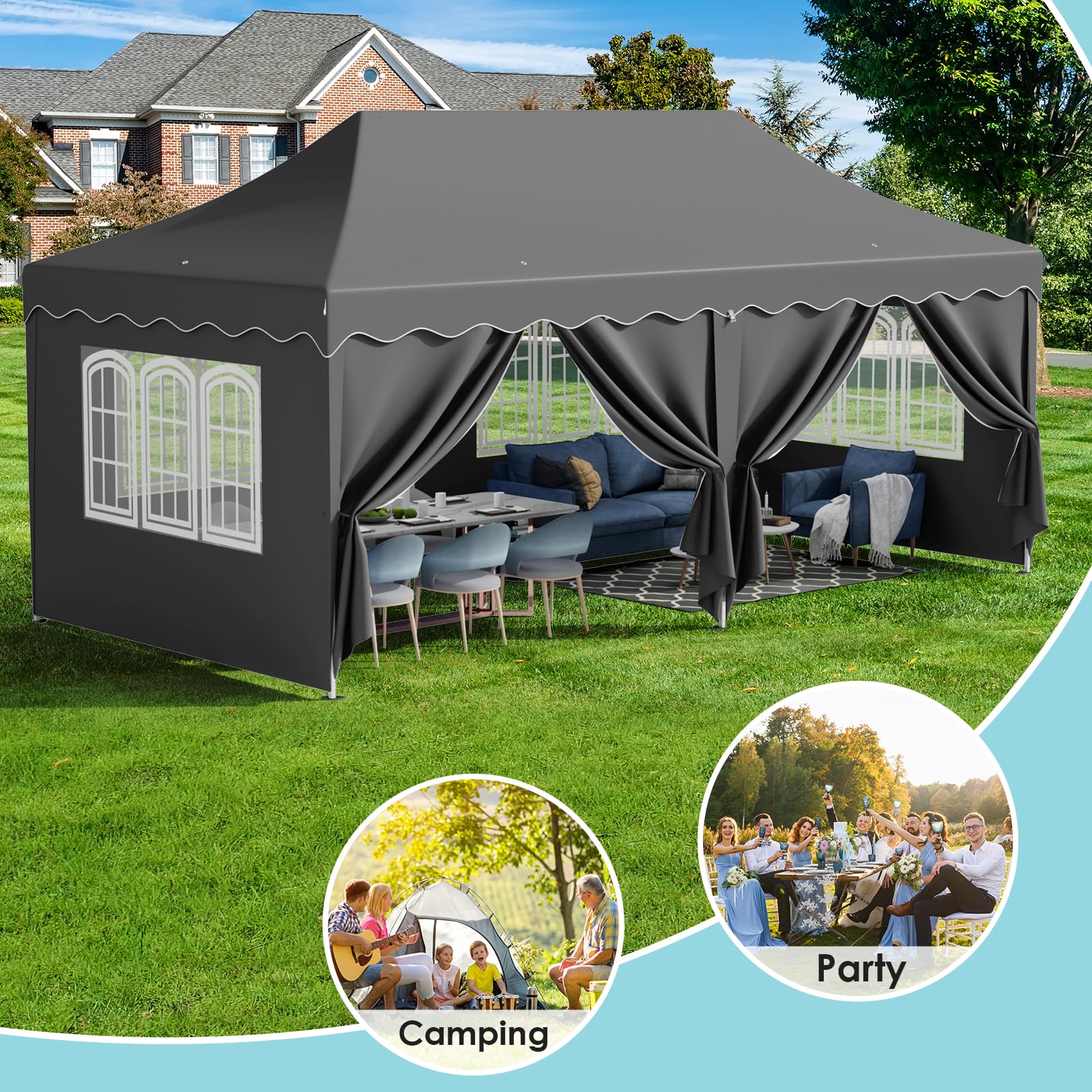 Pavillon 3x6 mit 6 Seitenwänden, Faltpavillon 3x6 Wasserdicht Stabil Winterfest, Faltbar Partyzelt 3 x 6, Anti-UV 50+ Gartenpavillon, 6 PCS Sandsack 12 Erdhaken, für Markt, Hochzeiten, Patio, Grau