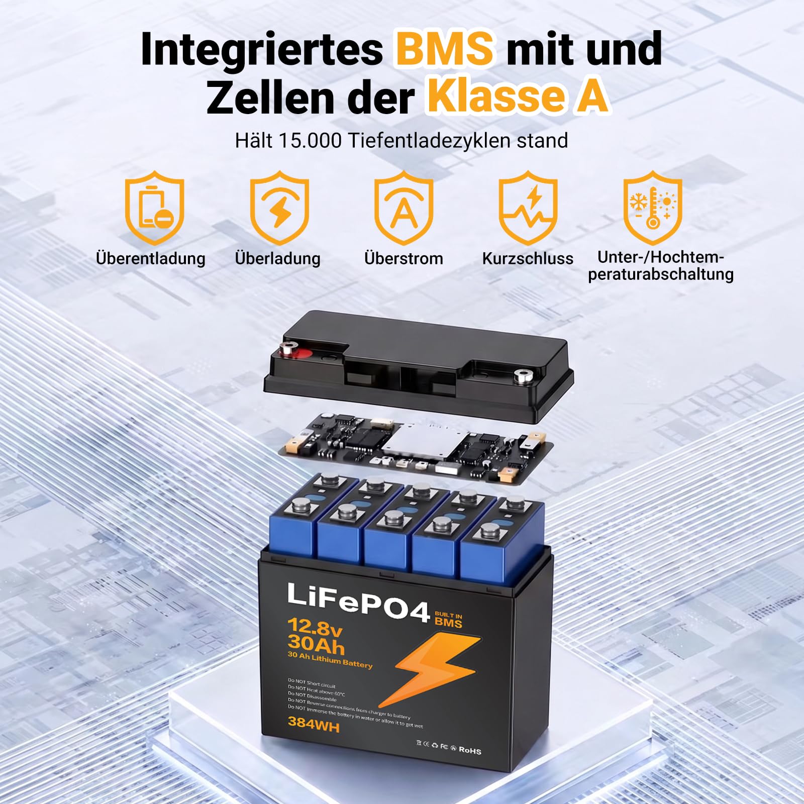 12,8V 30Ah LiFePO4 Batterie 384Wh mit integriertem BMS-Schutz | LiFePO4 Lithium Batterie mit BMS-Schutz, passend für Solaranlagen, Camping-, Boots- und Wohnwagengeräte