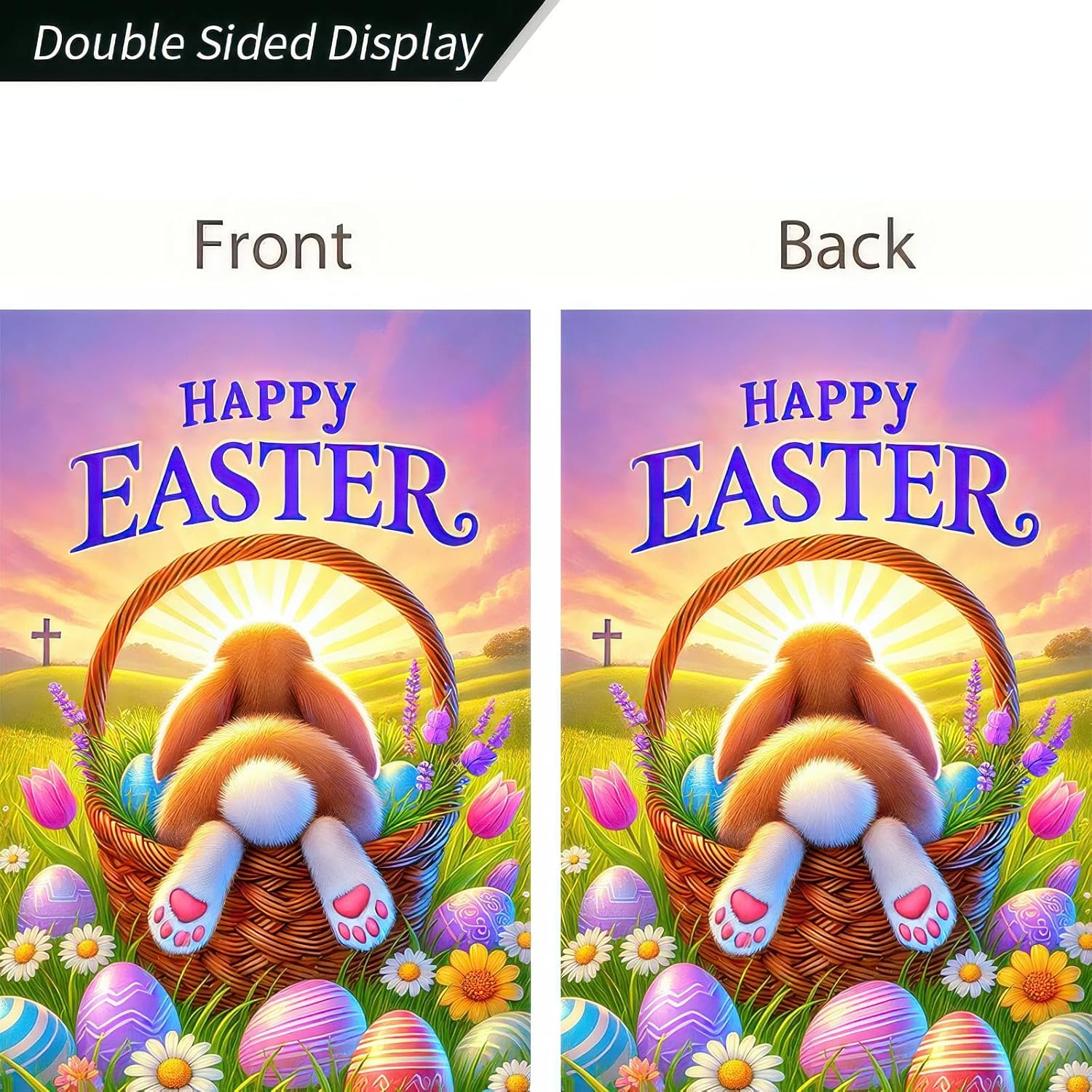 Happy Easter Bunny Garden Flag Sunrise Easter Egg Rabbit Easter Garden Flag 12x18 Double Sided Easter Yard Flag Outdoor Seasonal Decors Spring Farmhouse Holiday Outside Decorative Banner - Image 2