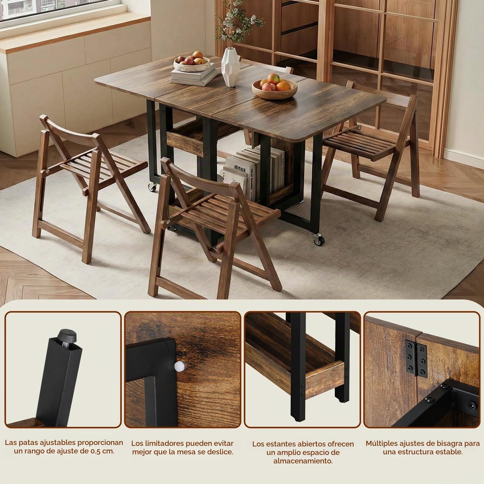 Clevich Mesa Plegable de Comedor con 2 estantes, Capacidad para 4-6 Personas, Ideal para Espacios pequeños, Solo 0,218 m³ Cuando está plegada, para Cocina y hogar, 133x80x75cm, Madera de Tigre.