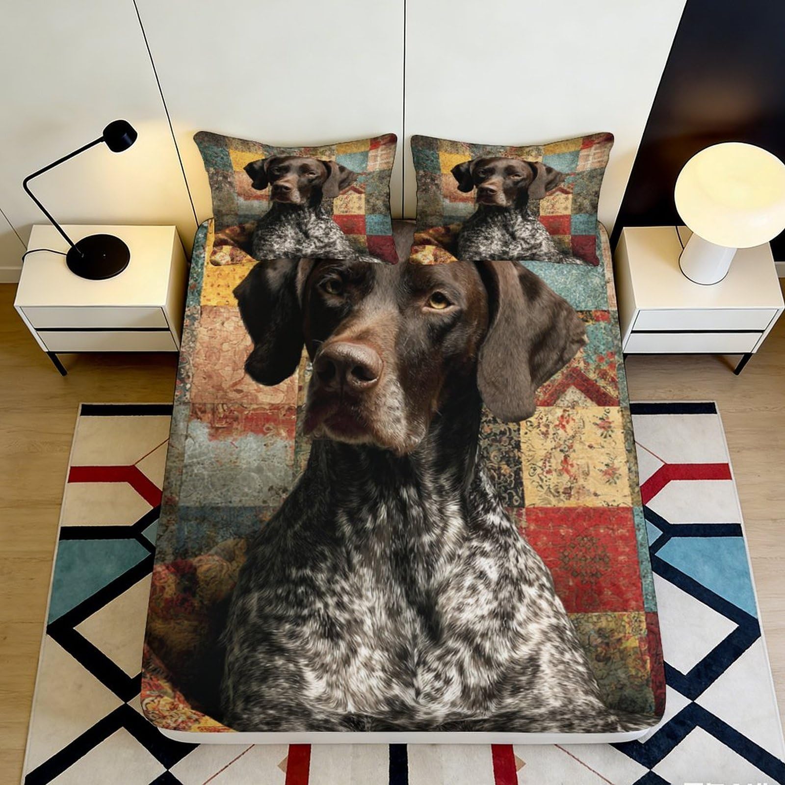 3D Printed Dog Pattern Fitted Sheet Microfiber Soft Durable 3D Printed Patchwork Bed Cover for Bedroom Dormitory Guest Room Mattress Protection 160x200x25cm