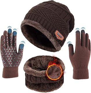 Calentar Sombreros Gorro de Punto Beanie y Calentador de Cuello Bufanda con Forro Polar Suave + Guantes de Pantalla Táctil, Kit de Accesorios de Cálido Invierno 3 en 1 para Hombres y Mujeres