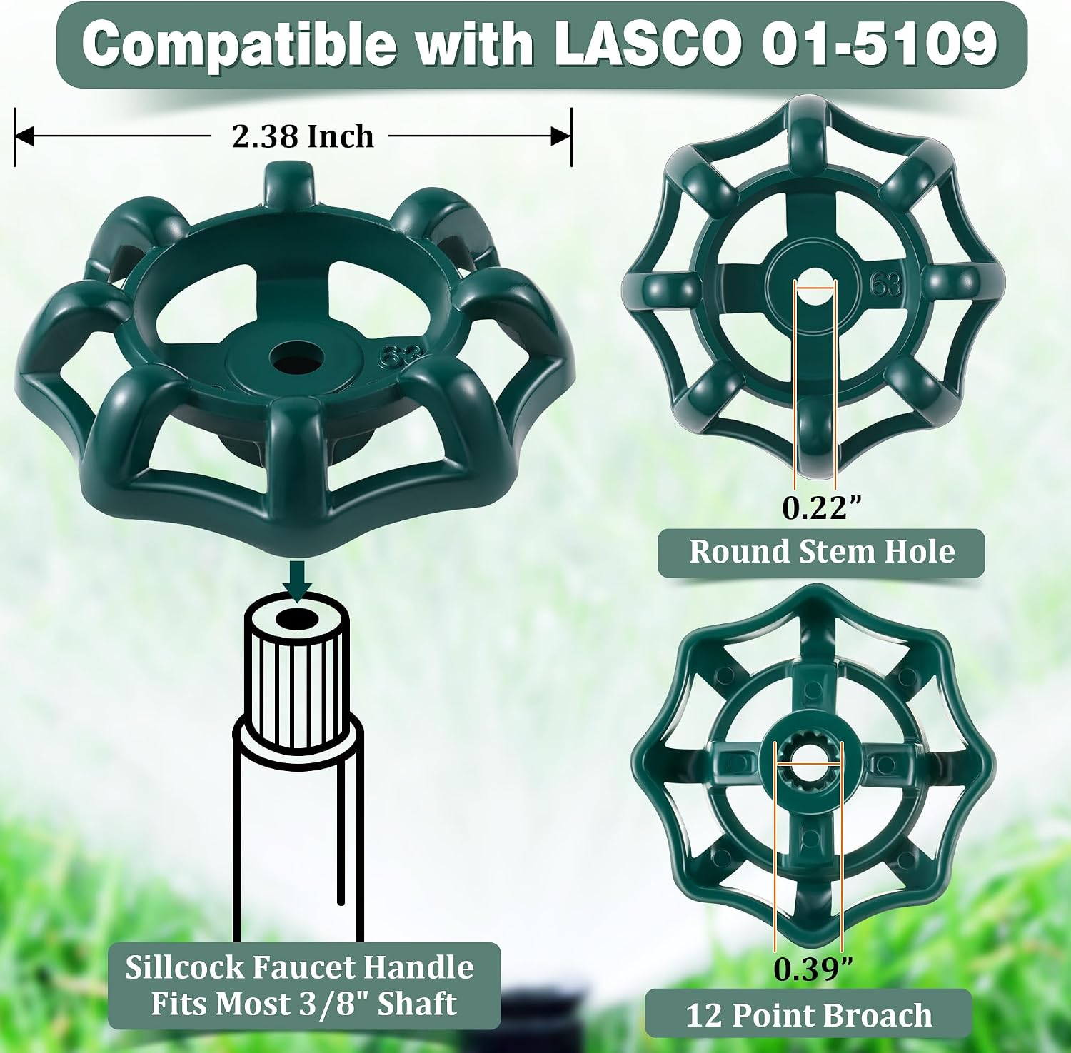 Dreyoo 2 Pack Outdoor Faucet Handles, 12 Point Broach 0.43" Round Stem Hole Faucet Handle Compatible with LASCO 01-5105, Round Wheel Handle Fits Most 3/8" Shaft Sillcock Valve Stems (Green)