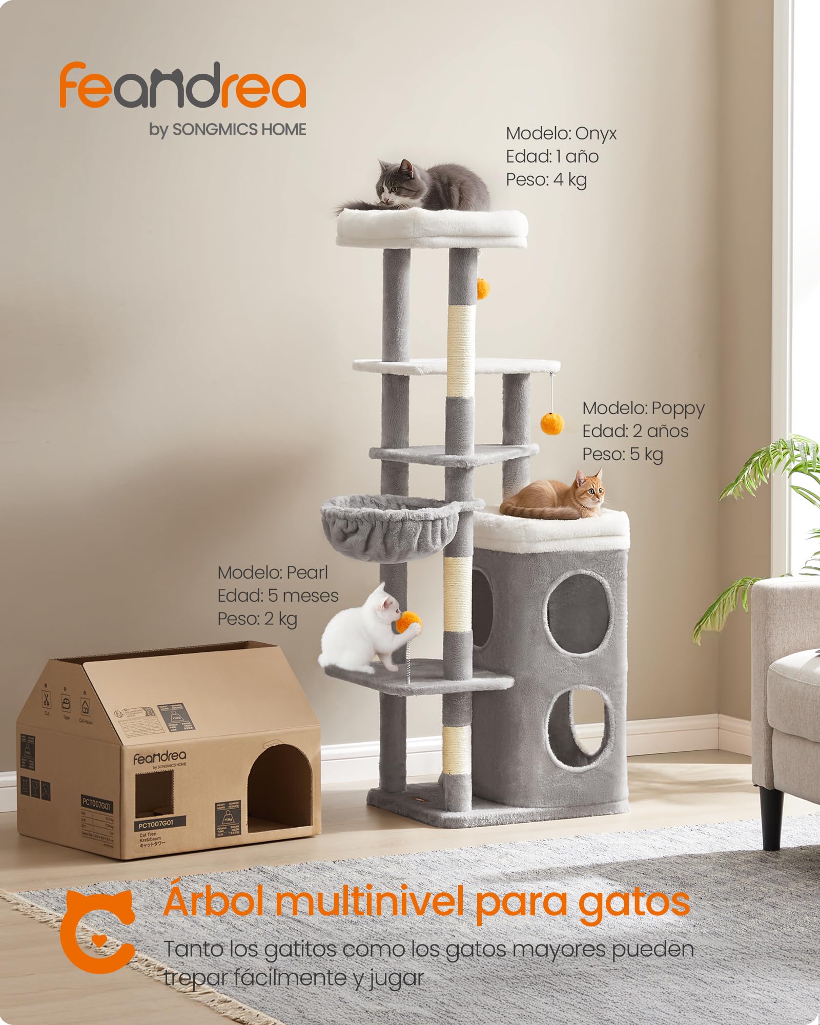 Feandrea Árbol Alto para Gatos, Altura de 152 cm, Rascador Multinivel con 2 Cuevas Grandes, una Hamaca, 3 Columnas para Arañarse, 3 Plataformas, Gris Paloma PCT007G01