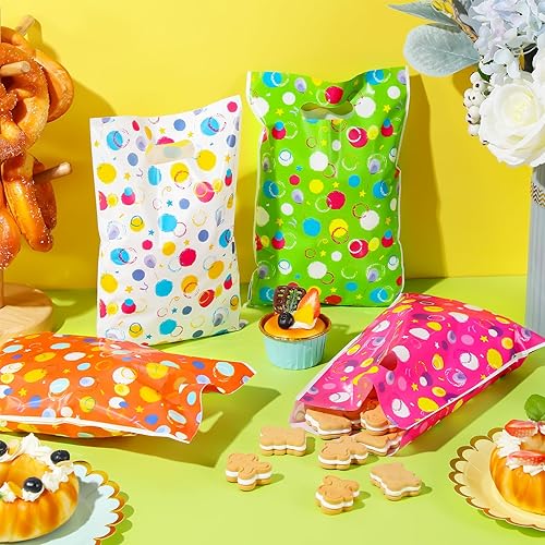 Miniatura 4 de Pasimy 100 bolsas de regalo de lunares de plástico pequeñas con puntos de acuarela con asa troquelada para regreso a la escuela, graduación, baby