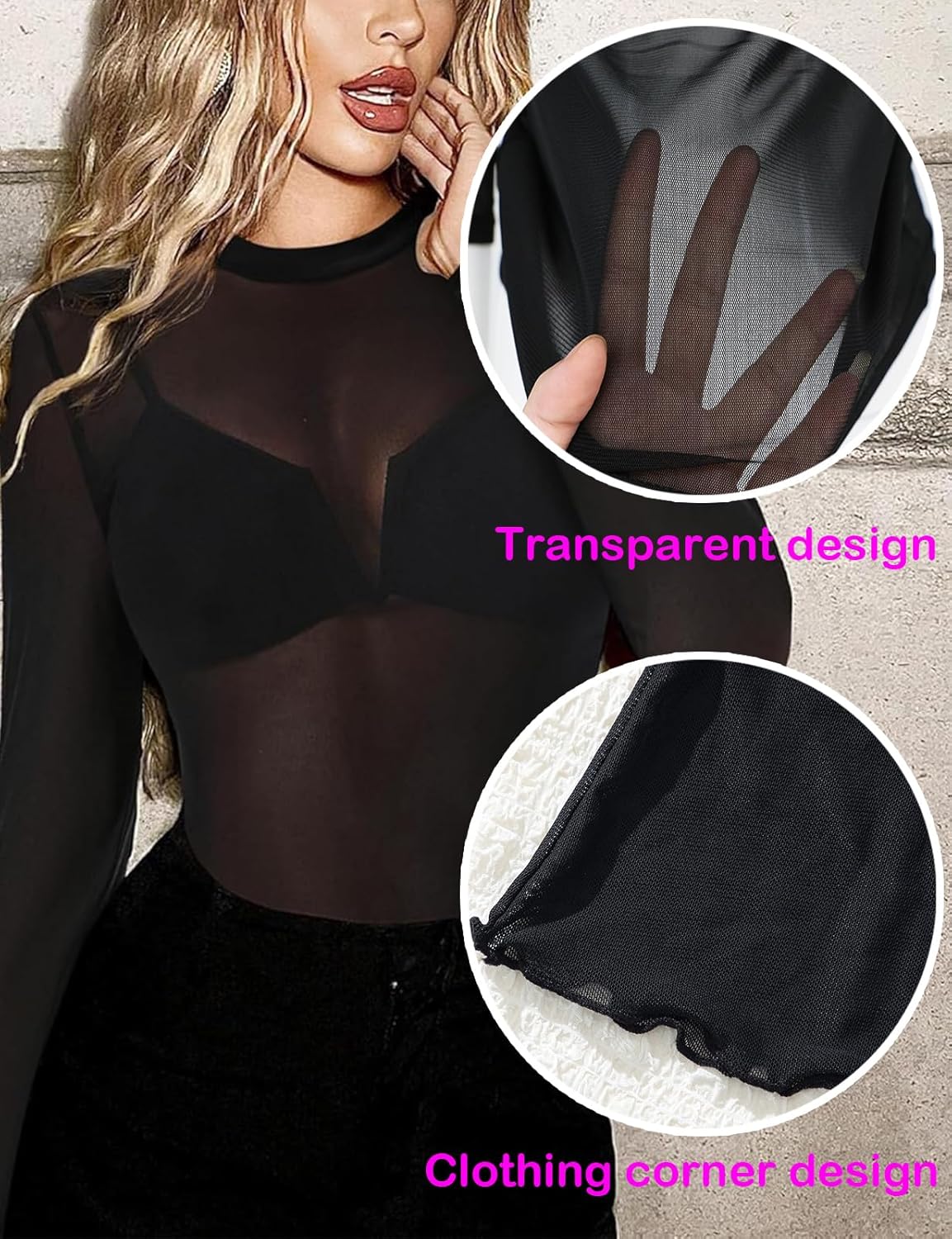 Women's Floral Lace Mesh Long Sleeve Top - Mock Neck Sheer See Through Sexy Fitted Blouse for Party Club Night Out - Image 4