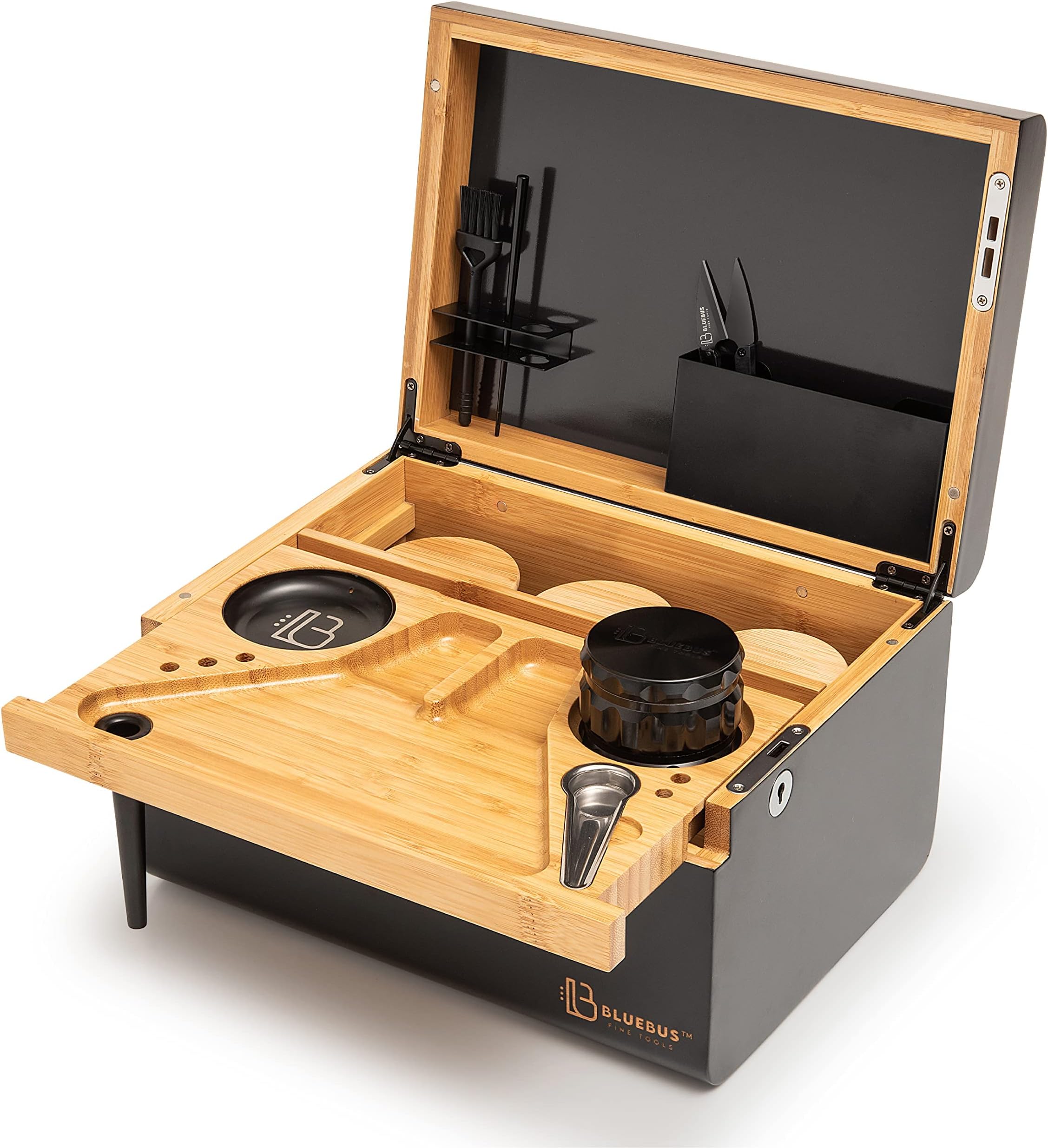 Discovery Bamboo Box with Lid and Tray - Decorative Wooden Storage Box with Lock for Keepsakes - Eco-Friendly Bamboo Box with Glass Jars (10.8" L x 7.87" W x 6" H) (Black)