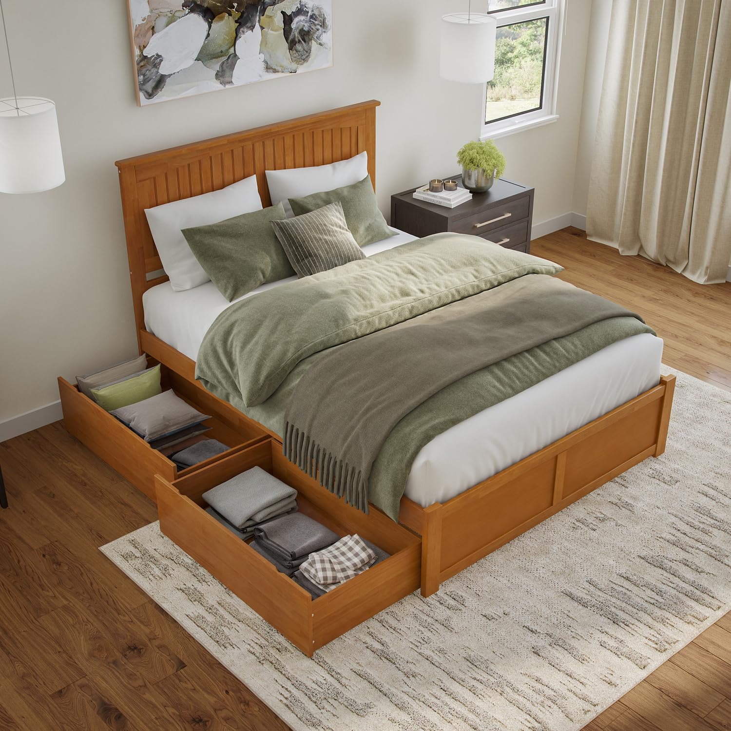 HomeStock Mid-Century Marvel Solid Wood Platform Bed with Footboard & Storage Drawers in Light Toffee