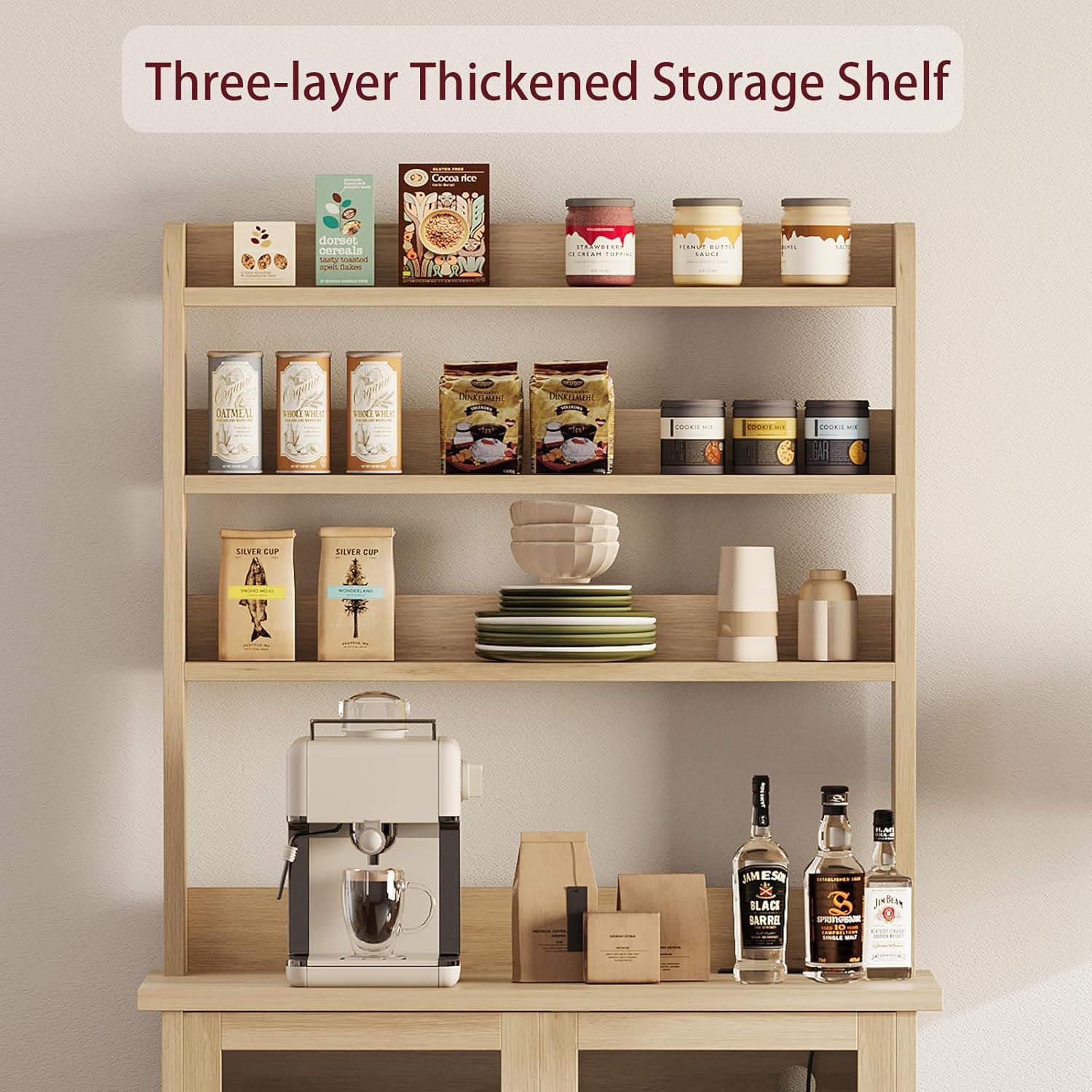 6-Tier Kitchen Bakers Rack with Power Outlet Microwave Stand Bakers Rack with Storage Cabinet Farmhouse Small Kitchen Pantry Hutch with Door Thickened Counter, Coffee Bar Storage Shelves, Oak