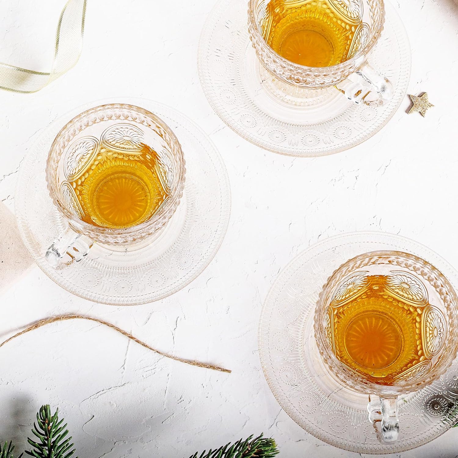 Glass Tea Cups and Saucers Set of 6 - Vintage Coffee Mugs -Teacups Set for Espresso Cappuccino Latte Tea - Dishwasher Microwave Safe (7OZ / 210ML) - Image 7