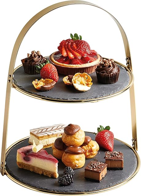 Artesà Cake Stand, 2 tier, with Round Slate Serving Platters and Brass Finish, 29.5 x 29.5 x 35 cm