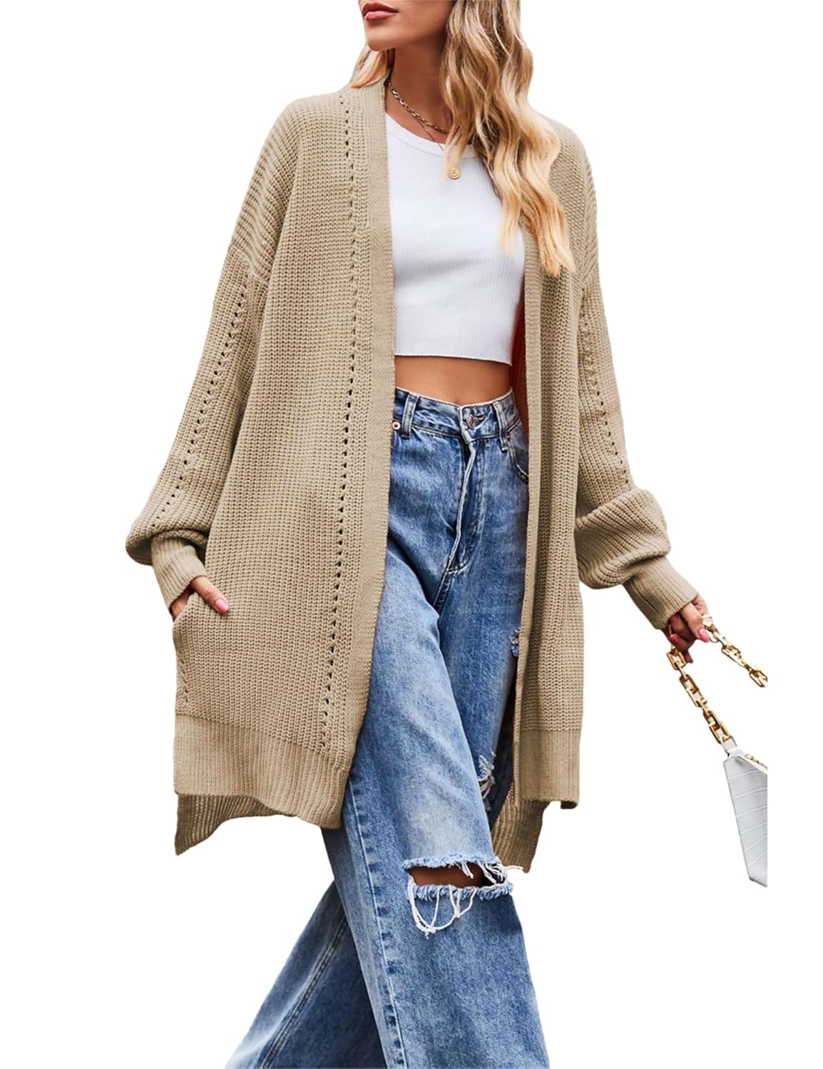 Oversized V-Neck Knit Cardigan for Women Mid-Long Open Front Sweater Coat Loose Fit Long Sleeve Outerwear