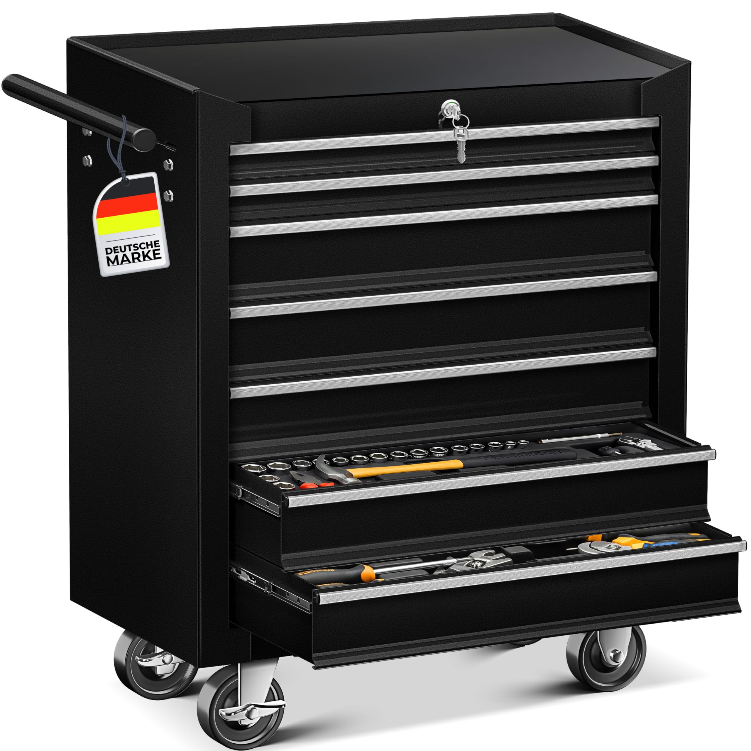 MASKO® Werkstattwagen rollbar 7 Schubladen abschließbar, mobiler Rollwagen zur Werkzeugaufbewahrung mit Schloss & Kugellager-Schubladen, Stabiler Werkstatt Trolley aus massiven Metall, Schwarz