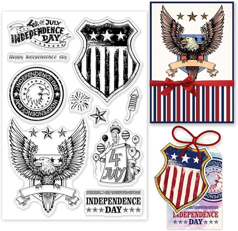 Independence Day Stamps 4th of July Clear Stamps Eagle Clear Rubber Stamps for Card Making American Flag Silicone Stamps for Scrapbooking Journaling Paper Album Patriotic Day Decor