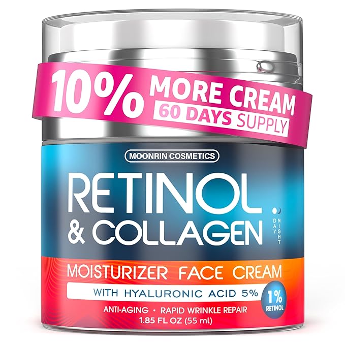 Retinol Cream for Face with Hyaluronic Acid, Day-Night Anti-Aging Moisturizer for Women, Men, Collagen Cream for Face Reduces Wrinkles, Dryness, 1.85 Oz