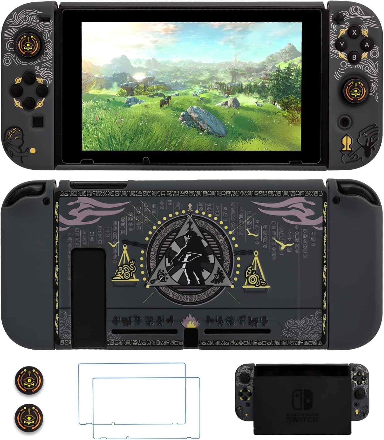 GLDRAM Black Protective Case Compatible with Nintendo Switch Console & Grip Controller, Accessories Kit with Hard Shell Switch Skin Cover, 2 Screen Protector & 2 Thumb Grips for The Legend of Zelda
