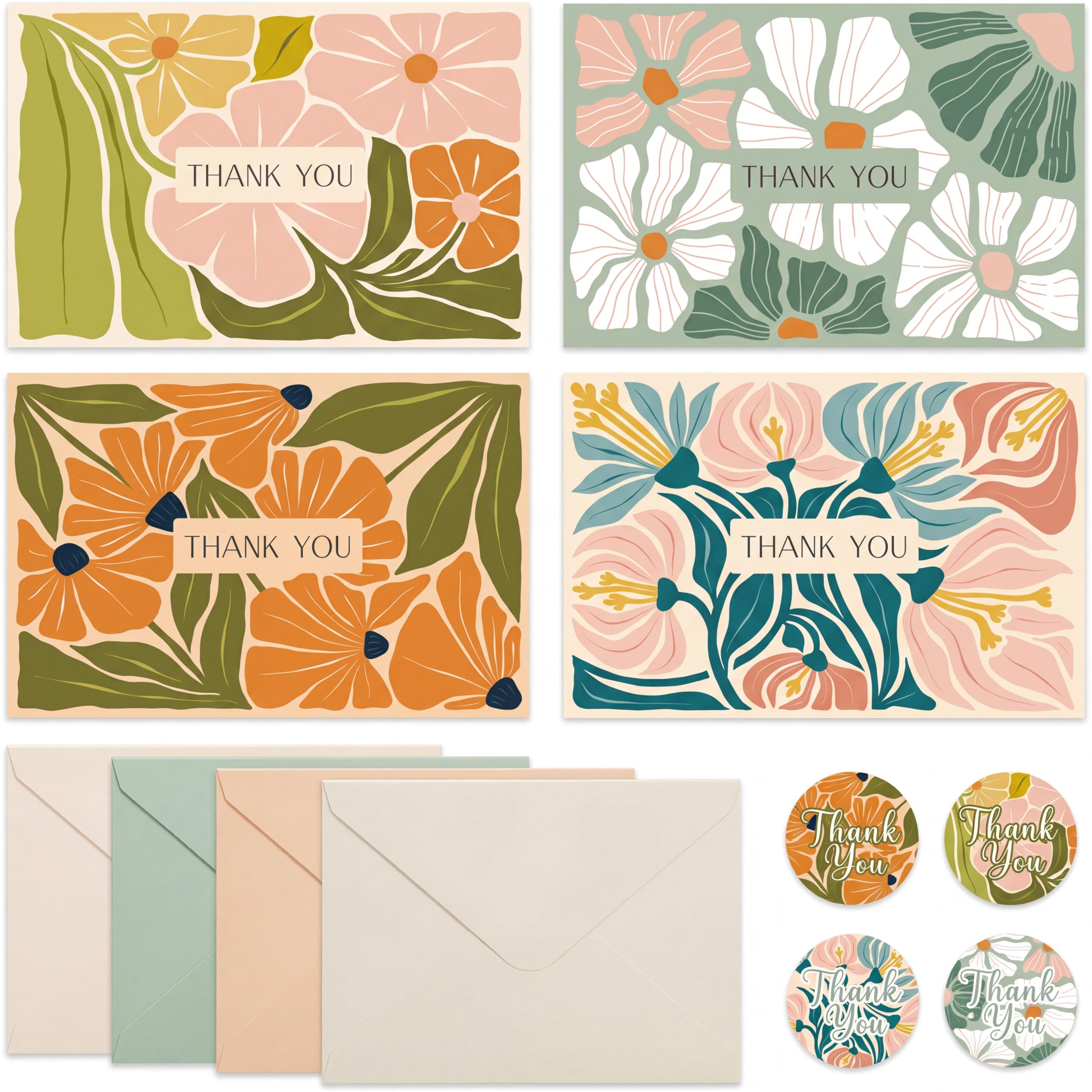 32 Pack Thank You Cards with Envelopes & Stickers | 4x6 Inch Blank Cards Multipack, 4 Assorted Designs for Birthday, Wedding, Christmas, New Year, Baby Shower & All Occasions (4" x 6") — image 1