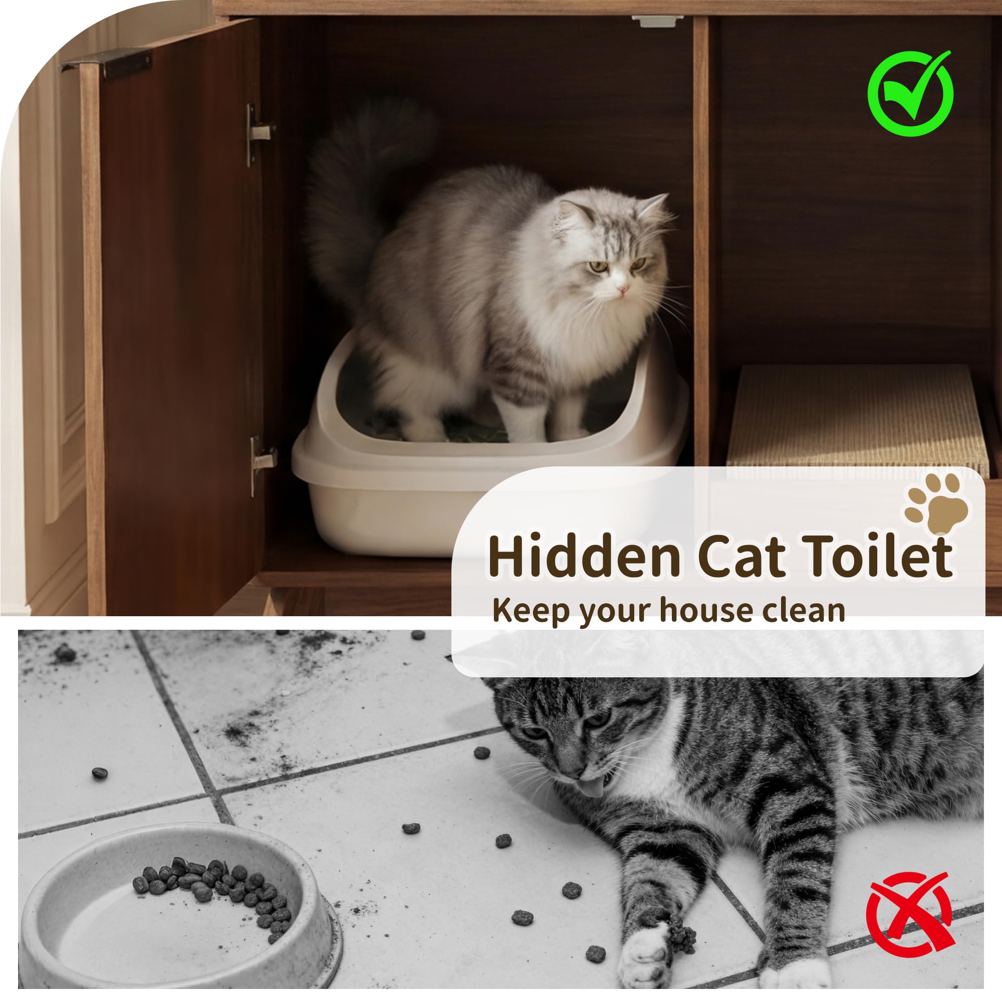 Double Cat Litter Box Enclosure for 2 Cats,Fluted Hidden Litter Box Furniture with Litter Collector & Scratch Pad,47" Large Enclosed Cat Cabinet,Cat House,TV Stand,for Living Room,Walnut - image 5