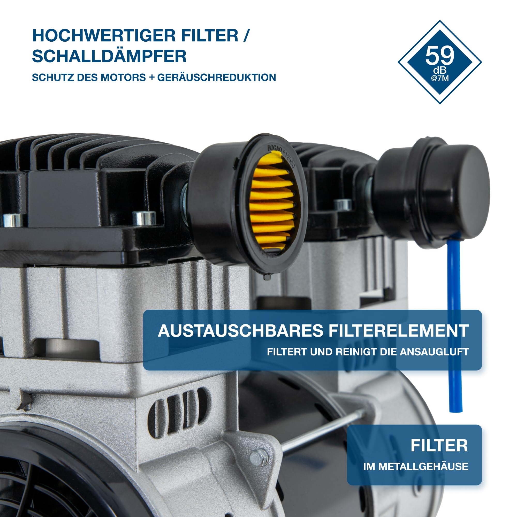 HYUNDAI Silent Kompressor SAC55753 | 50L Kessel, 8bar, ölfrei | 1.5kW / 2.0PS | Ansaugleistung 232 L/Min | Öl-Wasserabscheider | 59dB Luftkompressor leise, Flüster-Kompressor