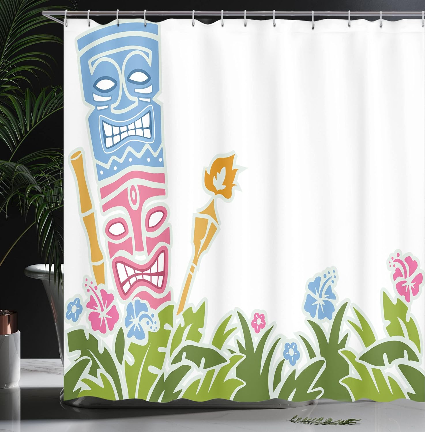 Ambesonne Tiki Bar Shower Curtain, Surrounded by Fresh Vibrant Hibiscus Flowers Polynesian Print, Cloth Fabric Bathroom Decor Set with Hooks, 69" W x 70" L, Pale Blue Pink Green