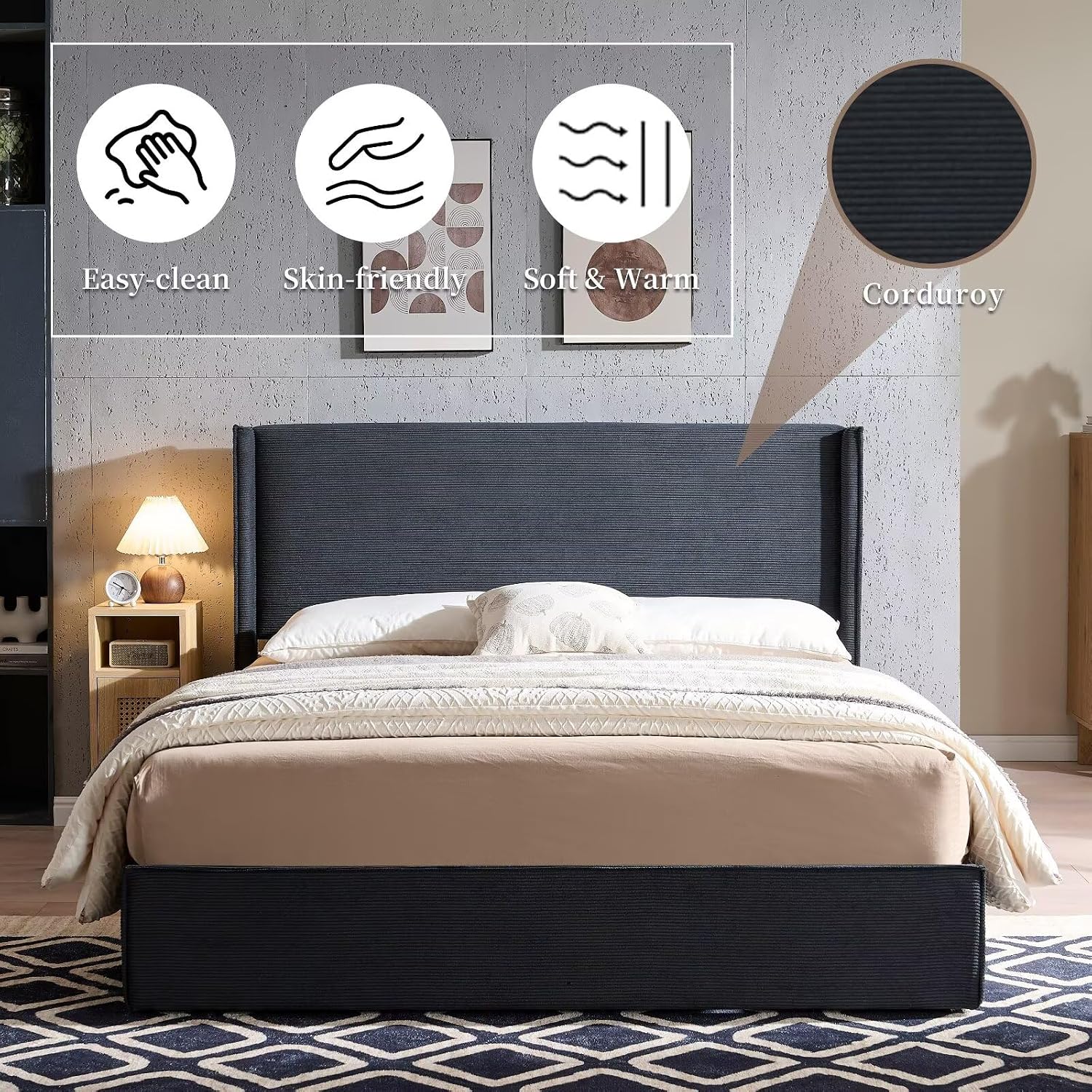 Close-up of corduroy fabric on QNZK bed frame