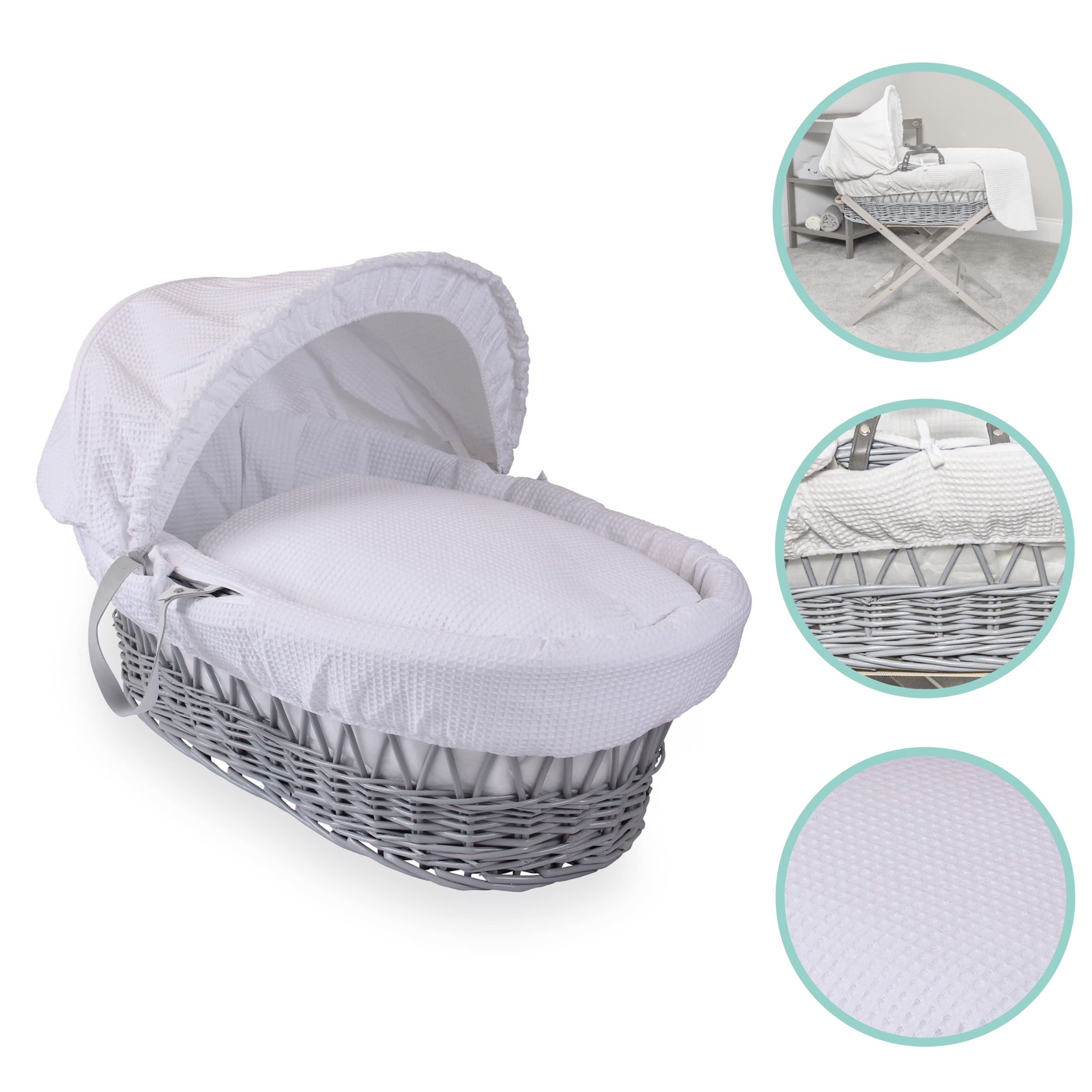 Clair de Lune Moisés de Mimbre Gris gofre y Soporte Mecedora de Lujo Gris Que Incluye 1 Capucha Ajustable y extraíble, 2 Asas de Transporte, Colcha y 1 colchón de Fibra hipoalergénica Firme (Blanco)