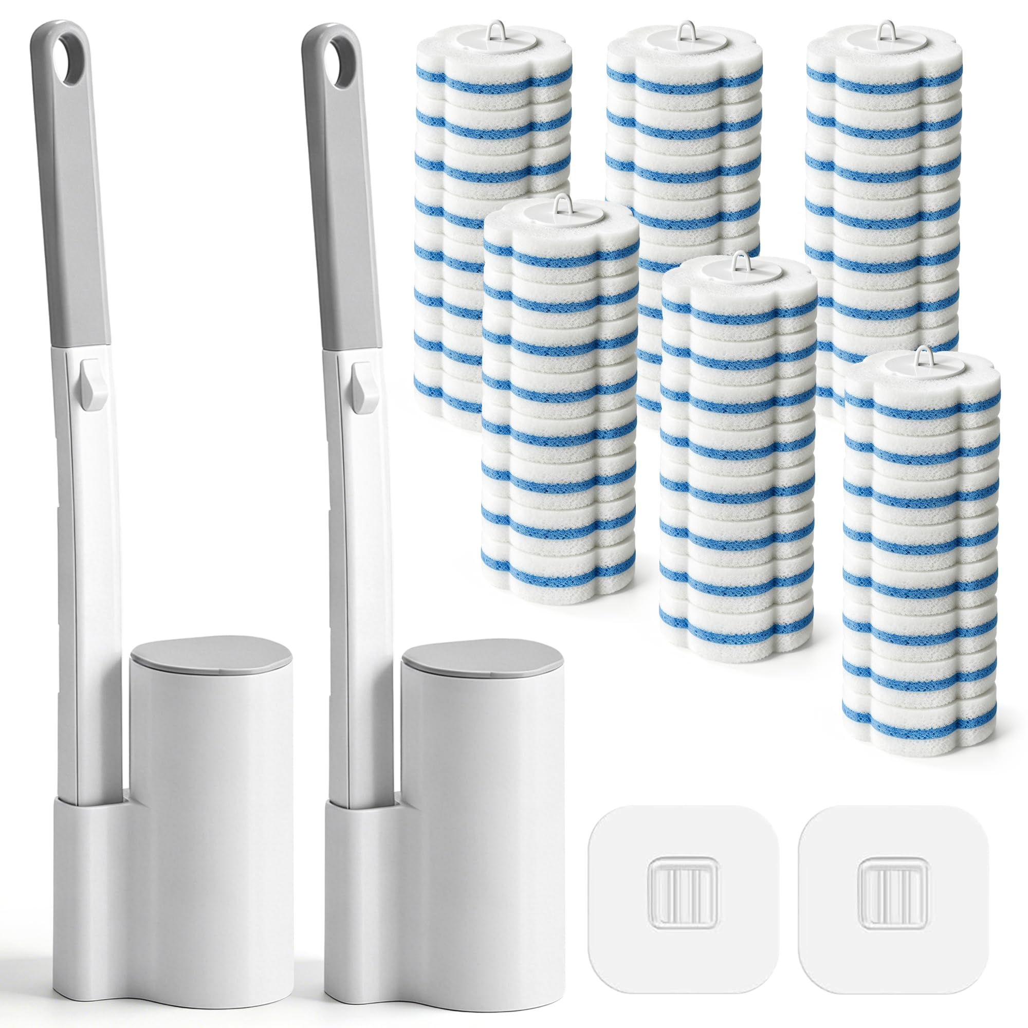 Disposable Toilet Brush Cleaning System 2 Pack, Toilet Brushes & Holders with 48 Refill Sponges, Toilet Wand and Storage Caddy Set for Toilet Bowl Deep Cleaning and Hygienic Bathroom Maintenance