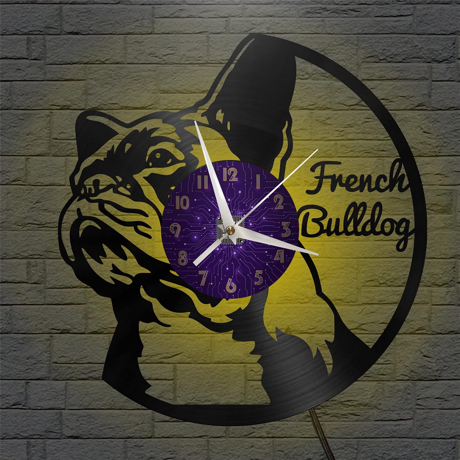 Vcs Purple French Bulldog Theme Vinyl Record Vintage Wall Clock For Kitchen(P,With Led)