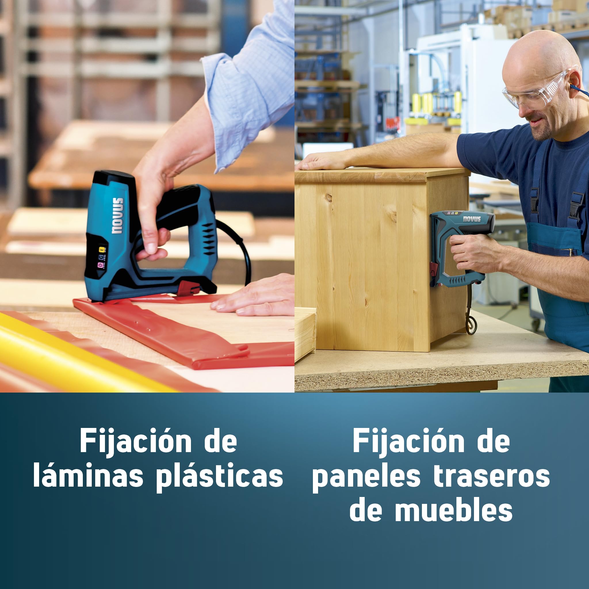 NOVUS TOOLS Juego de grapadora eléctrica J-151 con 1200 grapas, grapadora profesional y pistola de clavos con regulación de la fuerza de impacto, tope de distancia y mecanismo de carga inferior