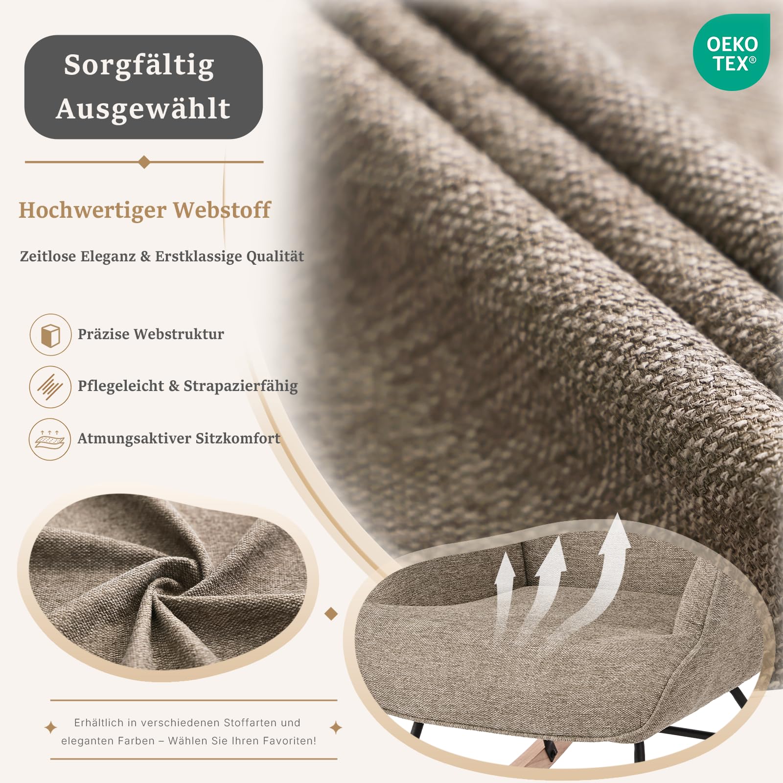 Ohrensessel Leiser Schaukelstuhl mit Armlehnen, Webstoff Sessel, Bequemer Relaxsessel mit Hoher Rückenlehne, Moderner Lesesessel für Wohnzimmer Schlafzimmer Kleine Räume, Sand