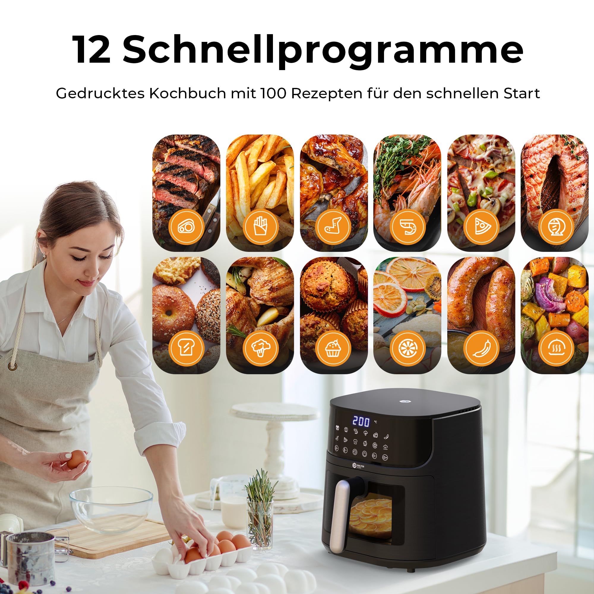 Balter Heißluftfritteuse Airfryer, 5,5 L, Friteuse Heissluftfritteuse XXL mit Sichtfenster, 12 Programme, all-in-1 Air Fryer, inkl. 100 Rezepte, HL-551T