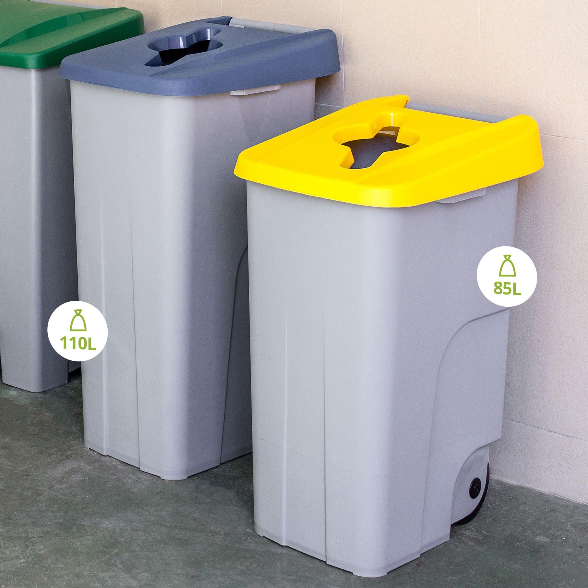 Contenedor de Residuos Reciclo 110L Amarillo con Tapa Abierta y Ruedas – Plástico Resistente, Encajable, Asa Ergonómica, Ideal para Envases y Colectividades | Denox