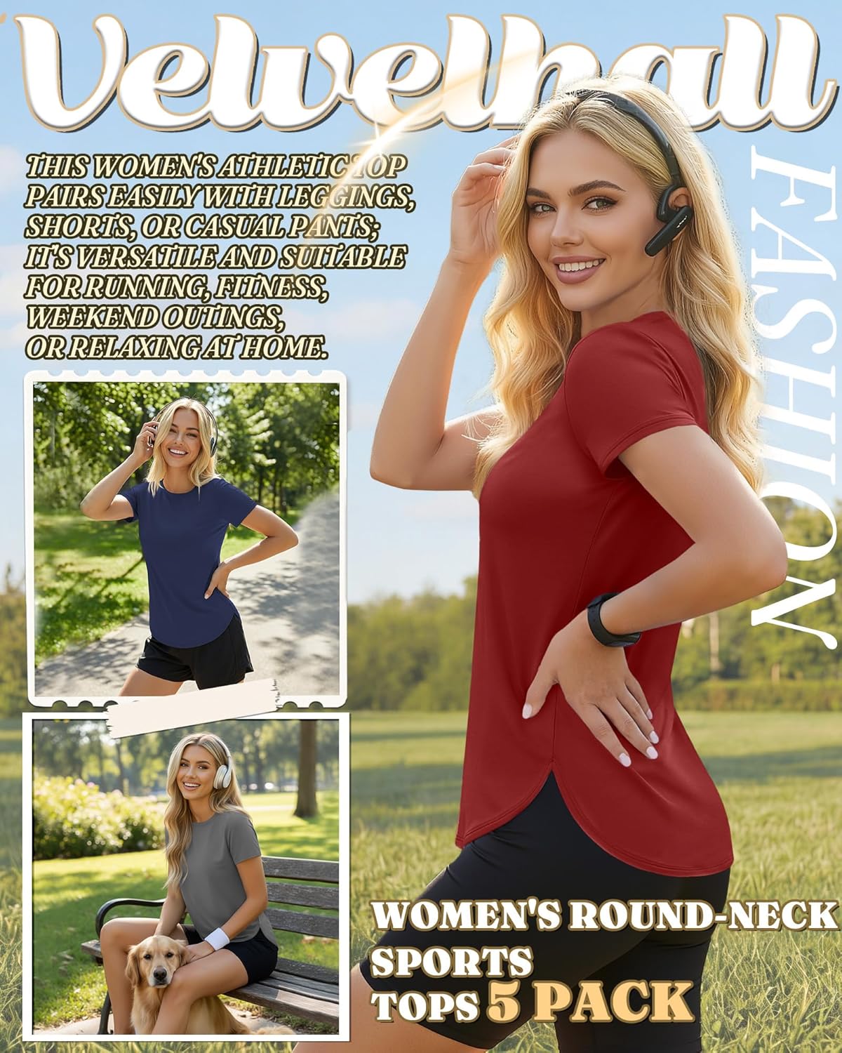 5 Pack Women's Workout Tops Athletic UPF 50+ T-Shirts Quick Dry Crewneck Short Sleeve Tees with Side Slits Shirts